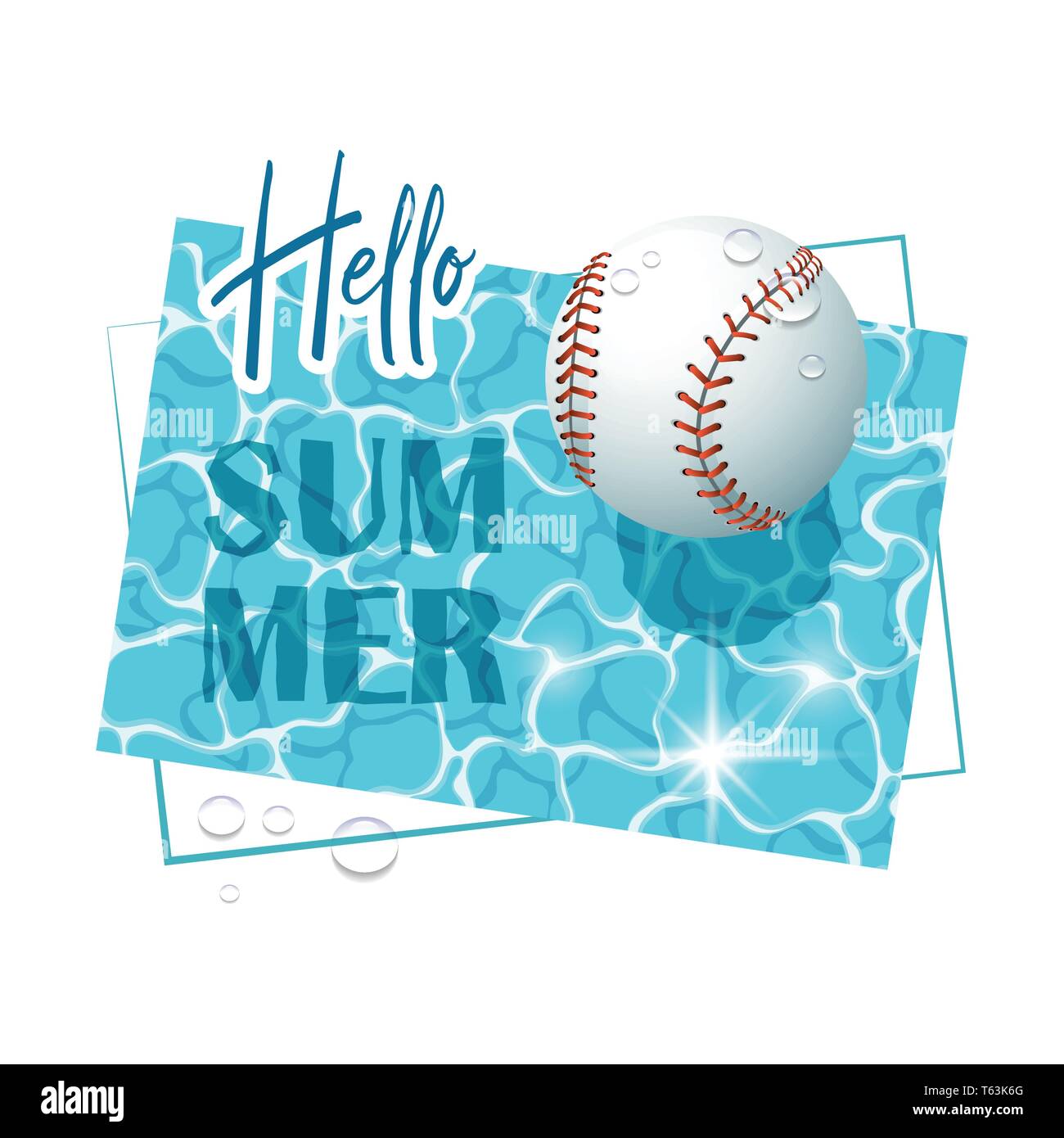 Bonjour l'été. La surface de l'eau solaire avec une balle de baseball et gouttes d'eau. Vue de dessus. Vector illustration. Illustration de Vecteur