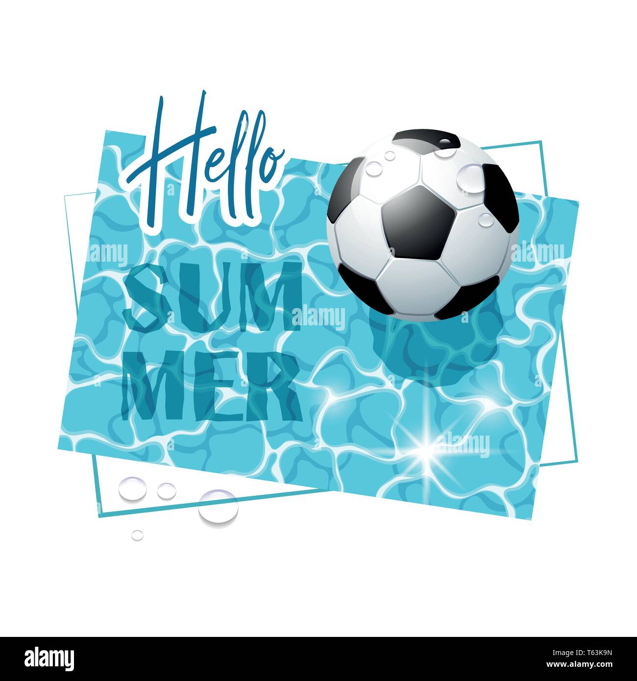 Bonjour l'été. La surface solaire de l'eau avec un ballon de soccer et de gouttes d'eau. Vue de dessus. Vector illustration. Illustration de Vecteur