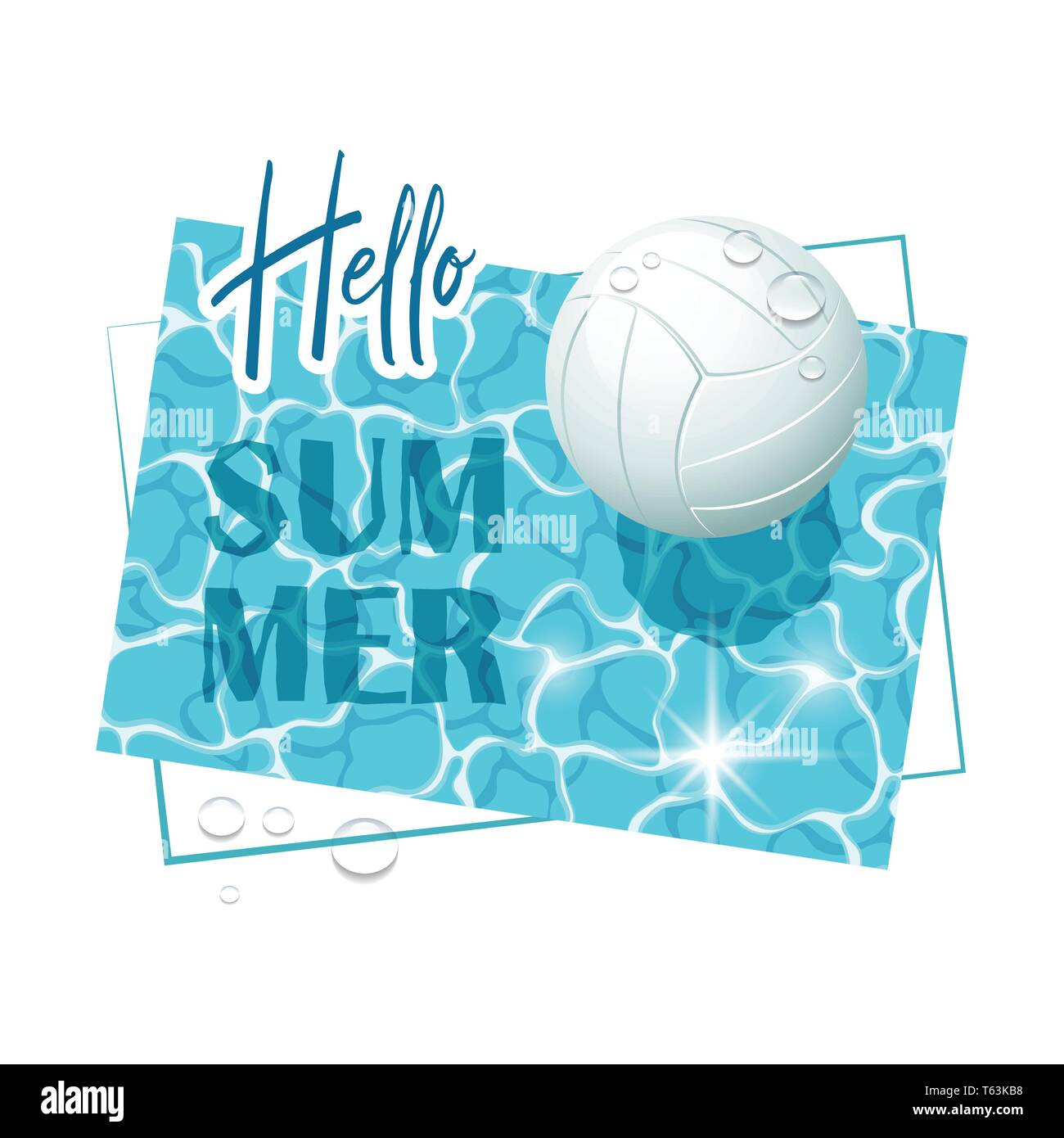 Bonjour l'été. La surface solaire de l'eau avec un ballon de volley-ball et de gouttes d'eau. Vue de dessus. Vector illustration. Illustration de Vecteur