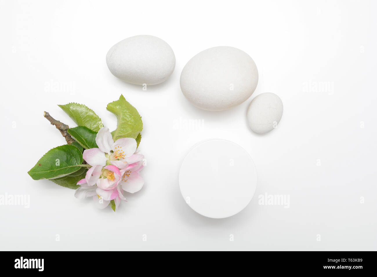 Produit de beauté contenant avec fleurs et nature Banque D'Images