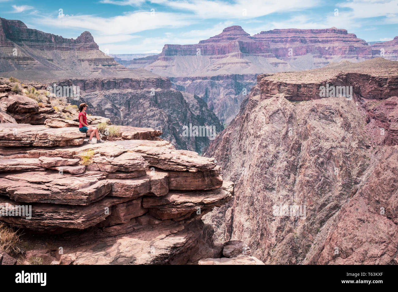 Visiteuse profitant d'une vue époustouflante sur la rivière Colorado Plateau de point à Grand Canyon National Park, Arizona, USA Banque D'Images