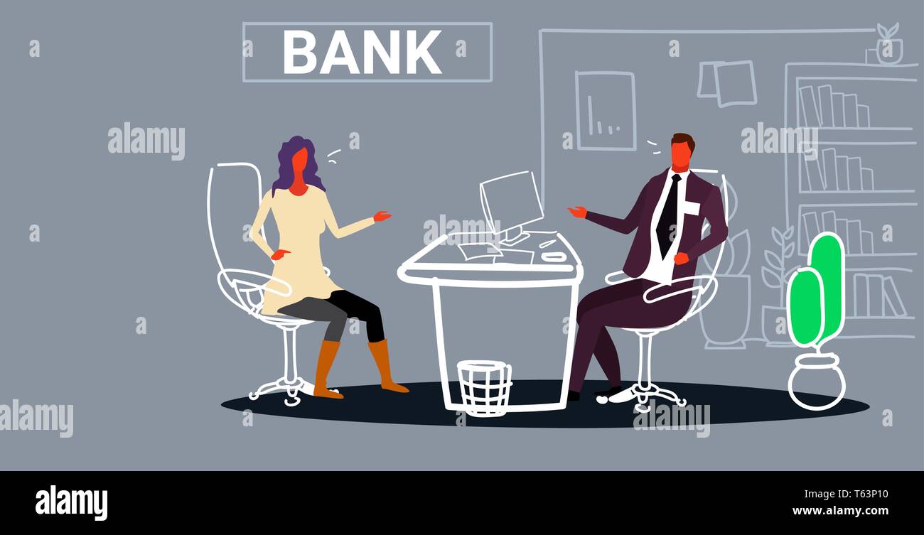 Spécialiste en services d'hommes discutant avec female client consultant financier directeur de banque assis à 24 en milieu de travail et leur donner des conseils d'experts-conseils Illustration de Vecteur