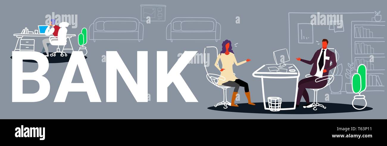 Spécialiste en services d'hommes discutant avec female client consultant financier directeur de banque assis à 24 en milieu de travail et leur donner des conseils d'experts-conseils Illustration de Vecteur