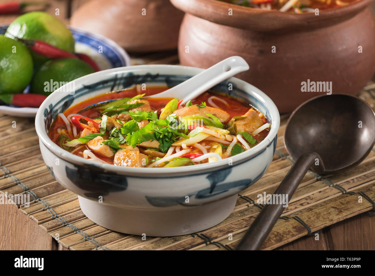 Khao poon. Soupe de nouilles de riz. La nourriture du Laos Banque D'Images