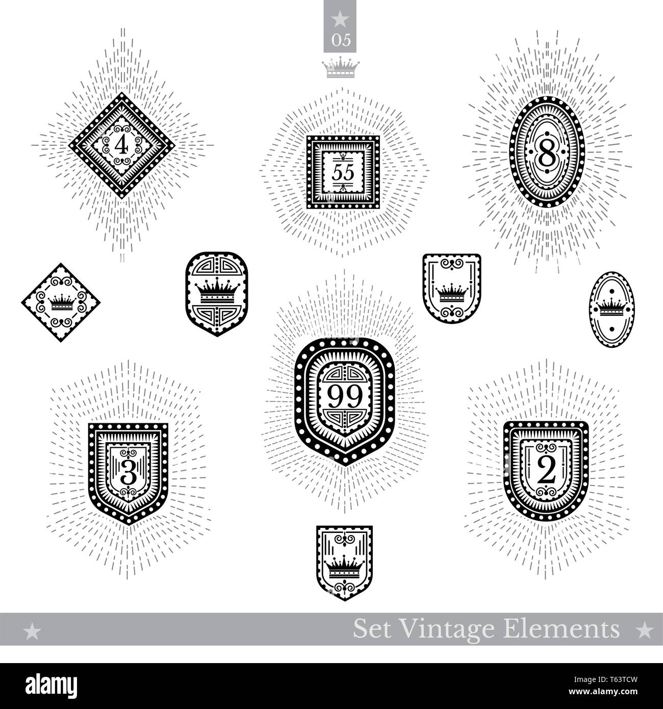 Ensemble de protections géométriques avec rayon lumineux. Les modèles de style vintage pour les étiquettes, logos, et autres objets de marque Illustration de Vecteur