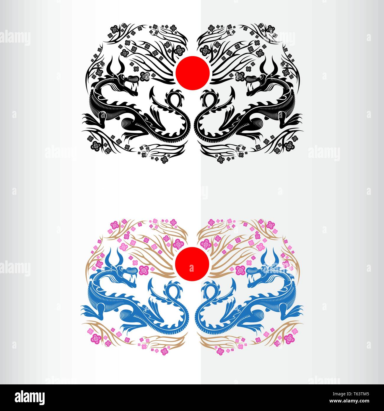 Deux d'étiquette de Blossom Festival hanami Japon sakura avec des dragons Illustration de Vecteur
