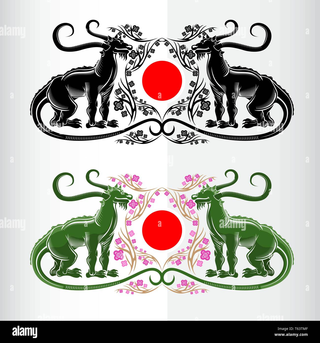 Deux d'étiquette de Blossom Festival hanami Japon sakura, dragons Illustration de Vecteur
