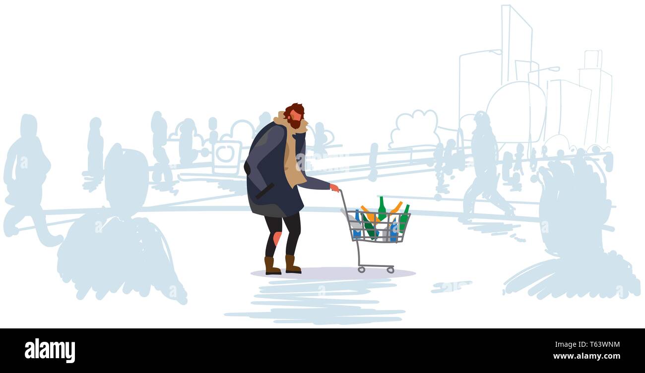 Pauvre homme poussant trolley panier avec des bouteilles vides guy walking street la mendicité pour aider les sans-abri des foules de personnes concept silhouette Illustration de Vecteur
