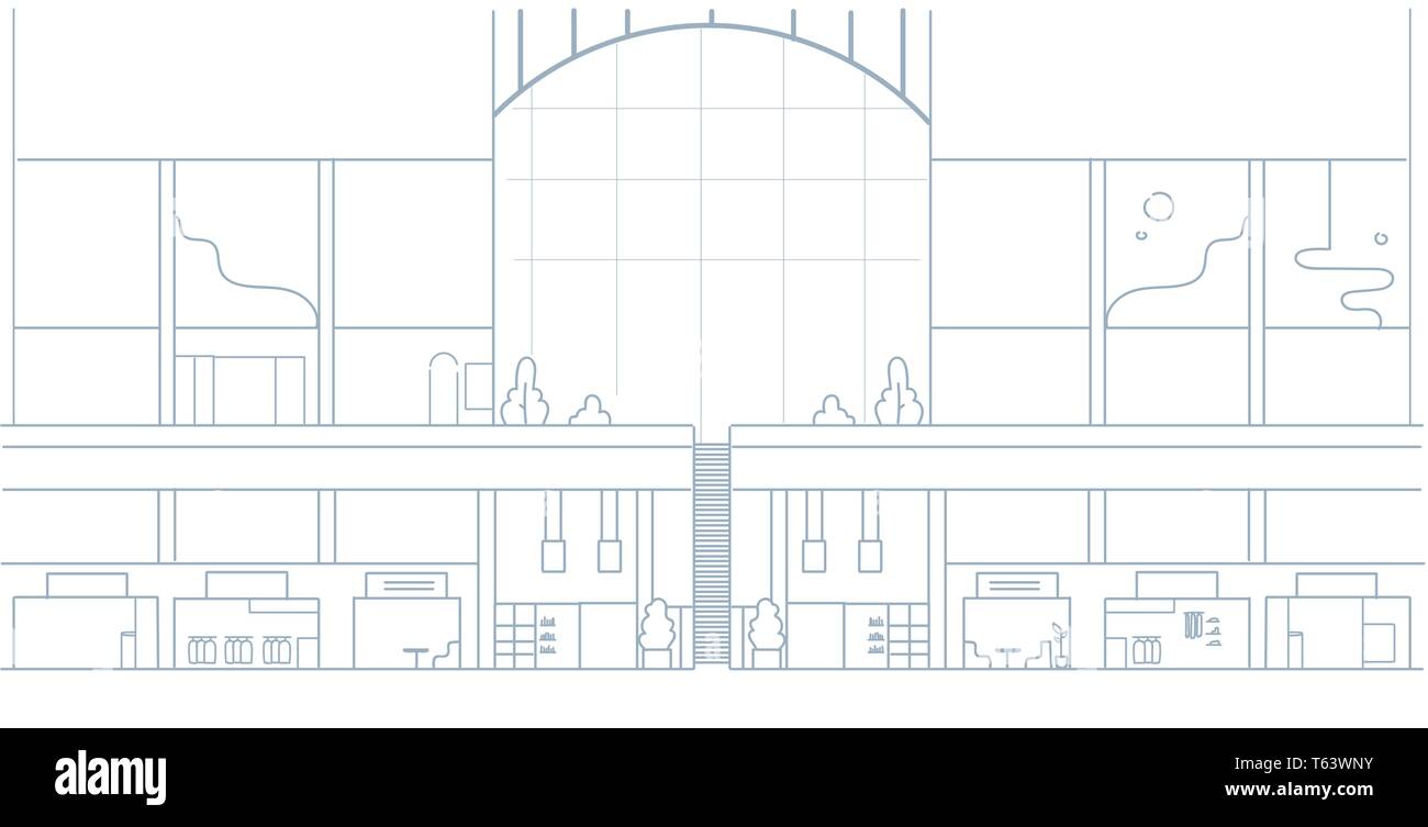 L'intérieur moderne centre commercial grand supermarché avec de nombreuses boutiques store esquisse horizontale doodle Illustration de Vecteur