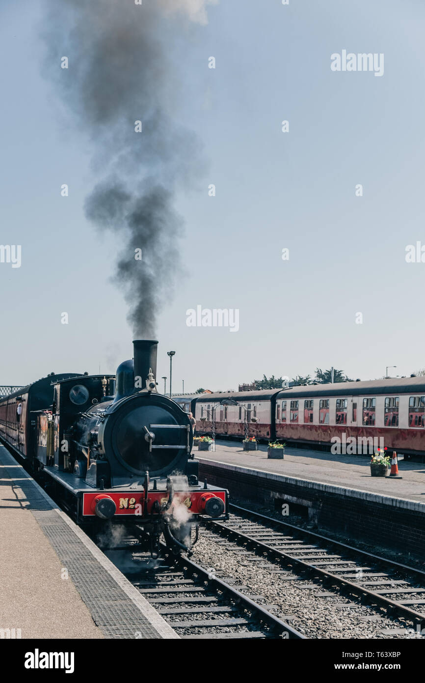 Sheringham, UK - 21 Avril 2019 : départ de la gare des trains à vapeur de Sheringham. La ligne de pavot, également connu sous le nom de North Norfolk, un chemin de fer à vapeur du patrimoine ar Banque D'Images
