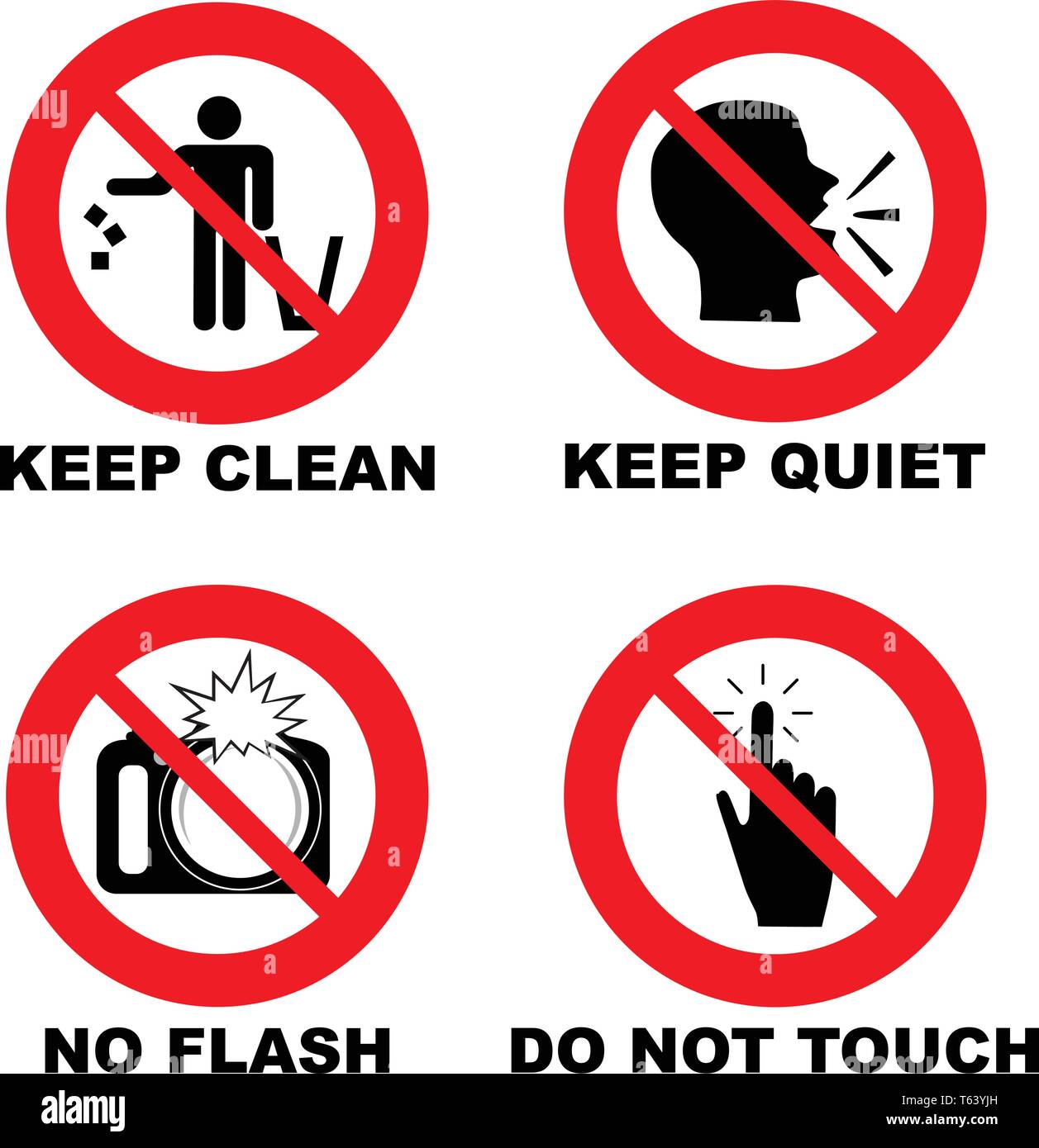 Les panneaux d'interdiction différentes dans le cercle rouge : pas de flash, ne pas toucher, nettoyer, garder au calme Illustration de Vecteur