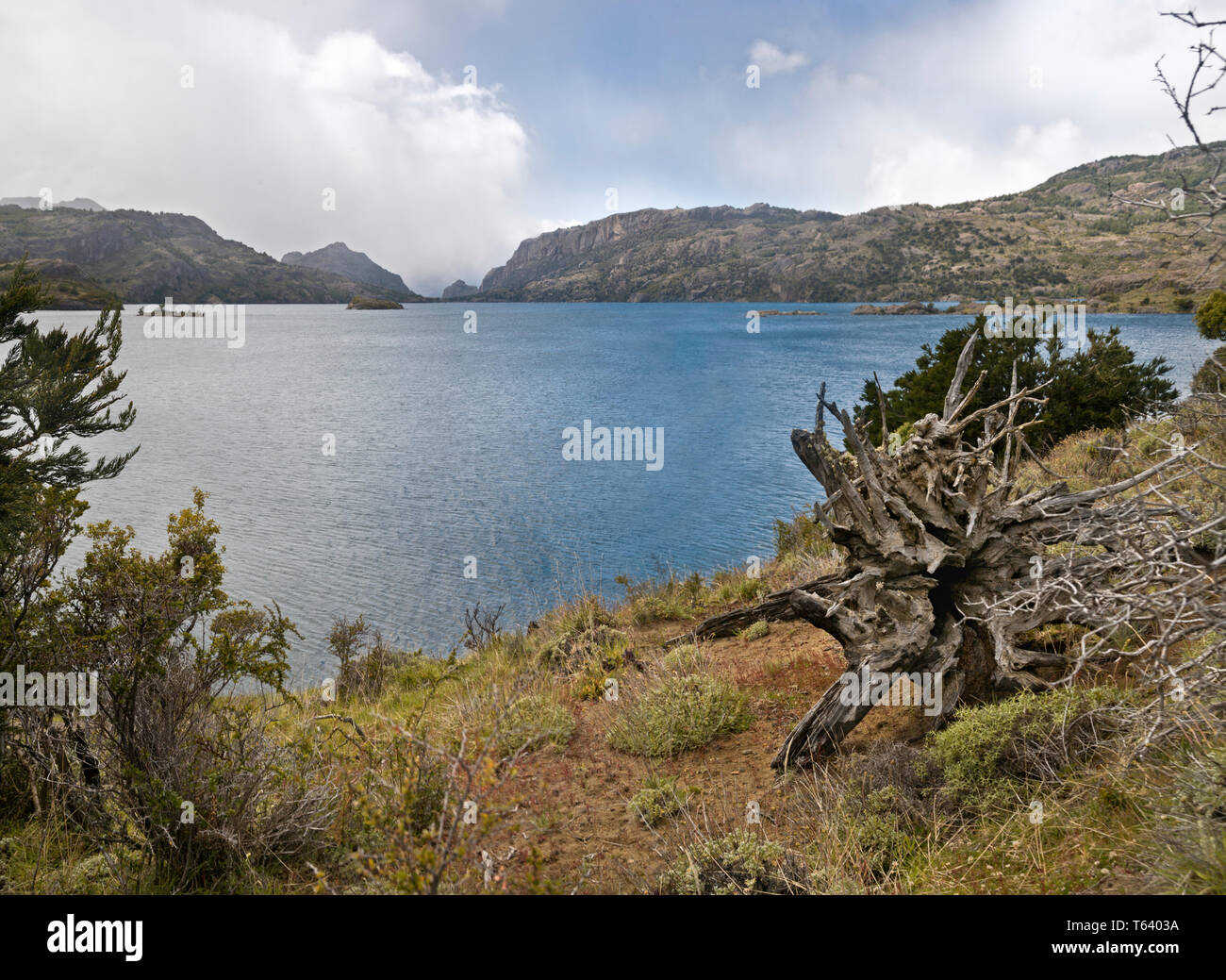Panorama du lac dans la Réserve nationale du Cerro Castillo,Aysén del General Carlos Ibáñez del Campo,Région du Chili. Banque D'Images