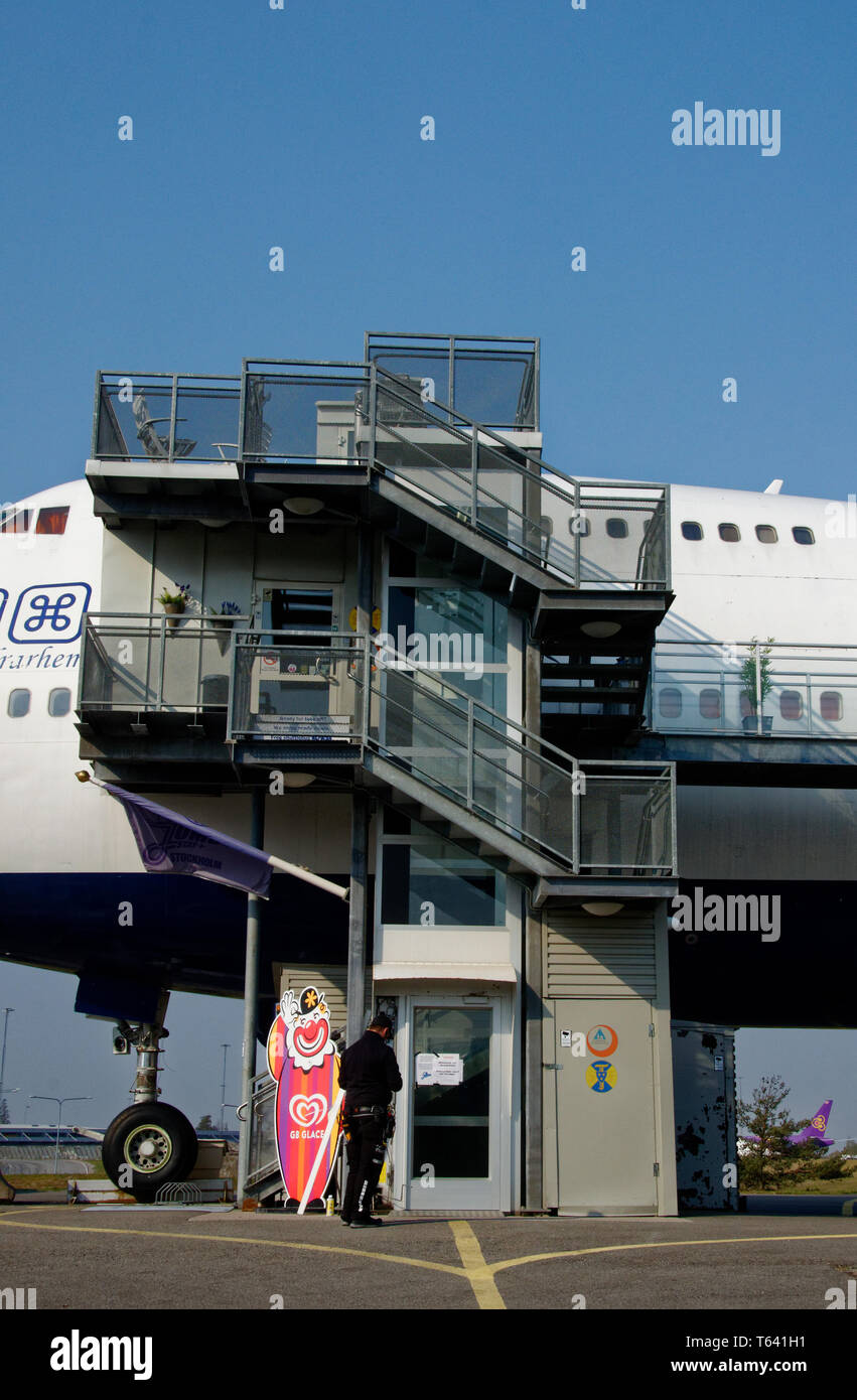 L'hôtel Jumbo, un converti 747, par l'aéroport d'Arlanda, Stockholm, Suède Banque D'Images