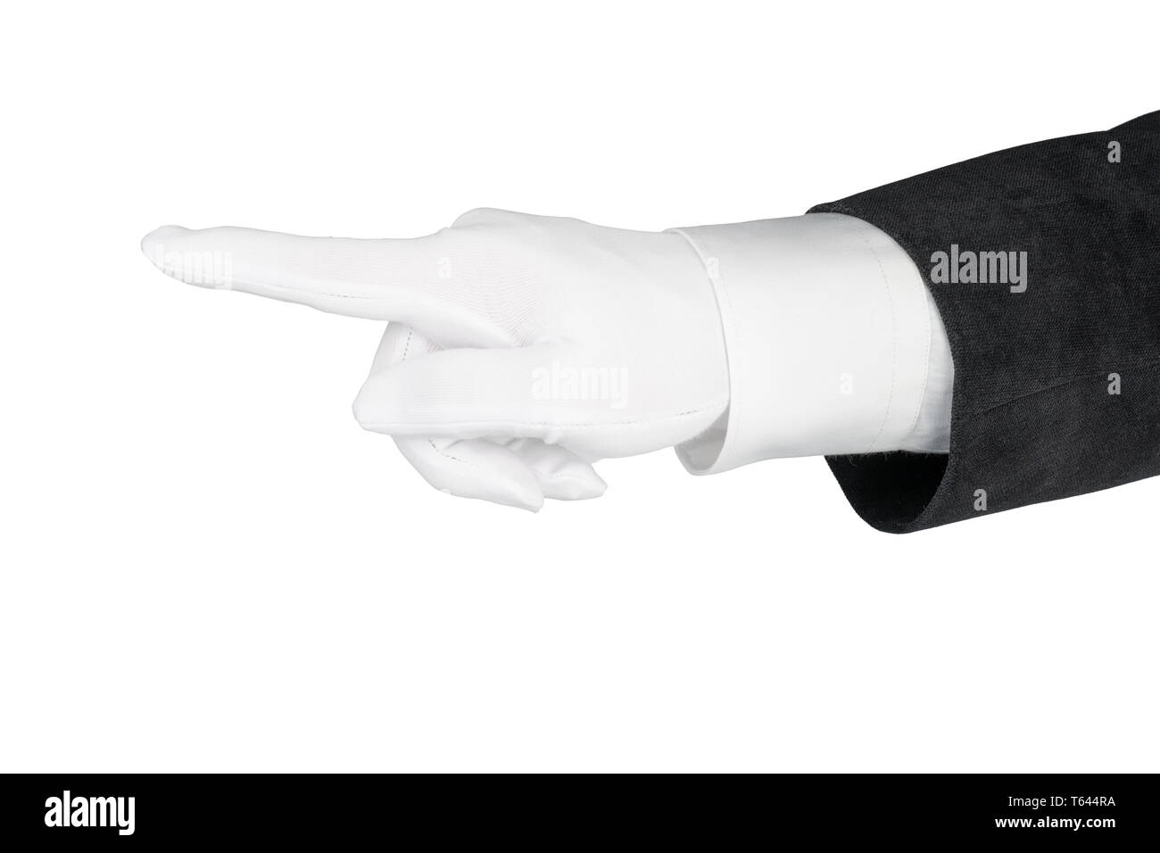 La main de l'homme en costume noir et blanc gants doigt pointé. Isolé sur blanc, chemin de détourage inclus Banque D'Images