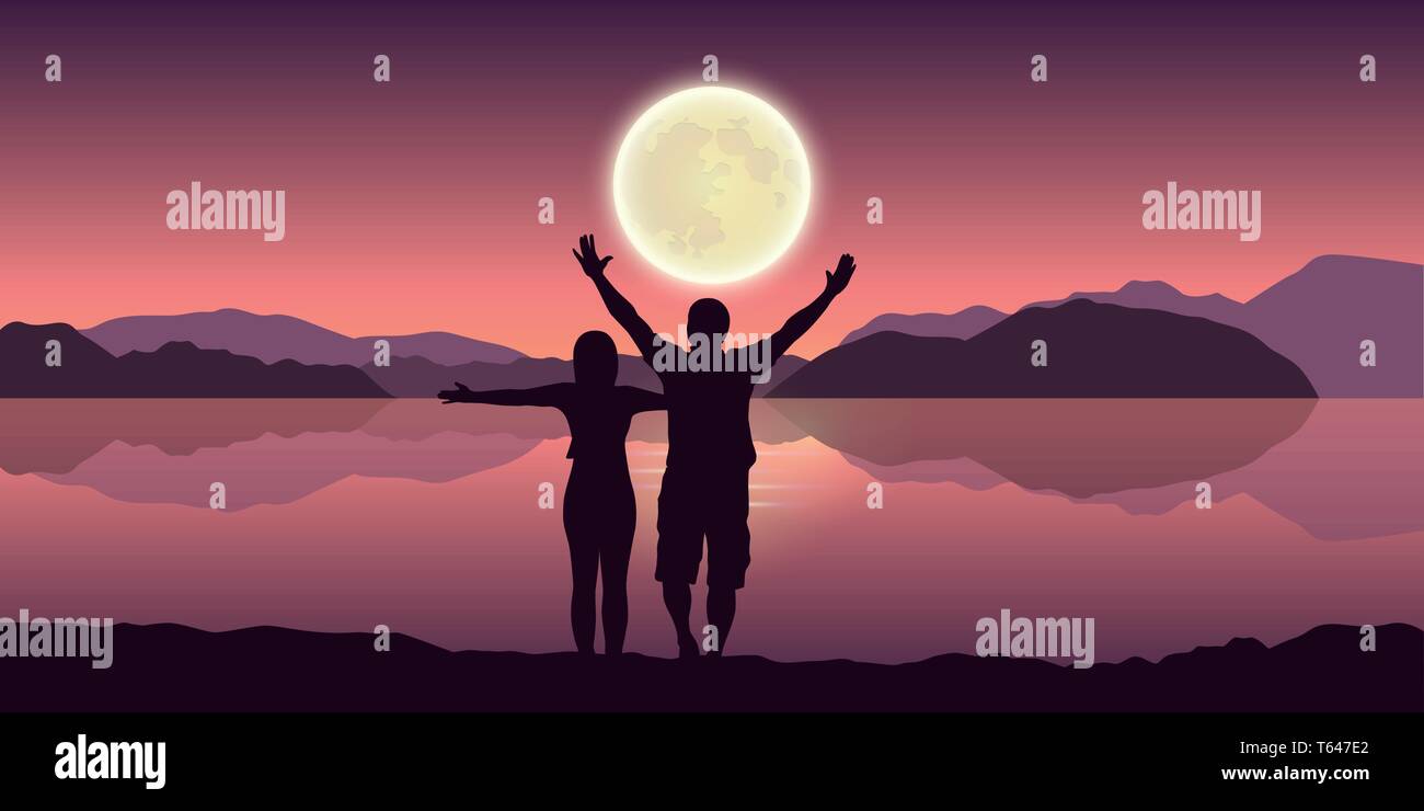 Couple heureux avec bras levés profiter de la pleine lune et les paysages de montagne par le lac illustration vecteur EPS10 Illustration de Vecteur