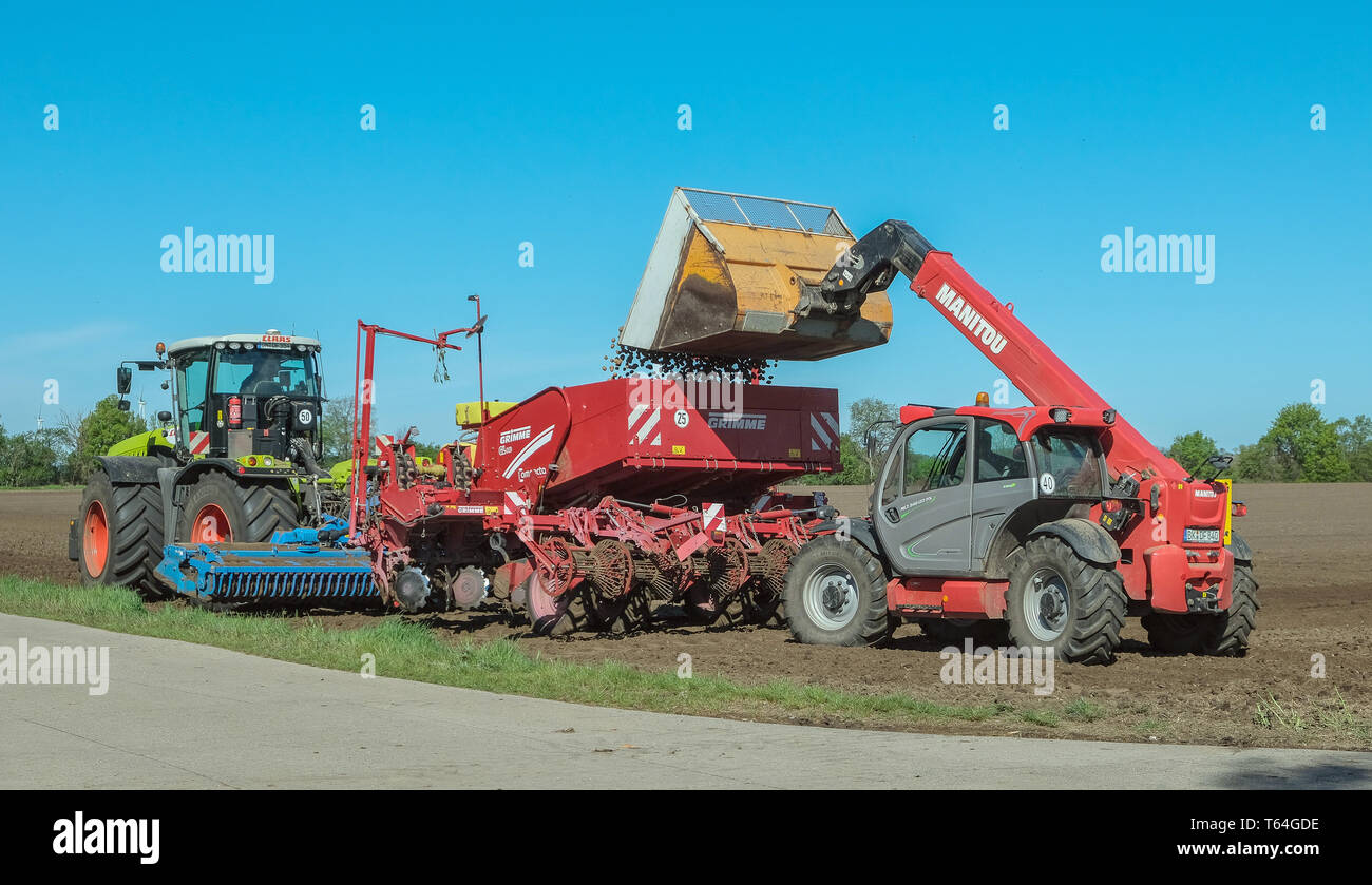 Bottmersdorf, Allemagne. Apr 25, 2019. Les agriculteurs de la Magdeburger Börde près de Bottmersdorf planter des pommes de terre dans le sol avec une machine de plantation. Crédit : Peter Förster/dpa-Zentralbild/ZB/dpa/Alamy Live News Banque D'Images
