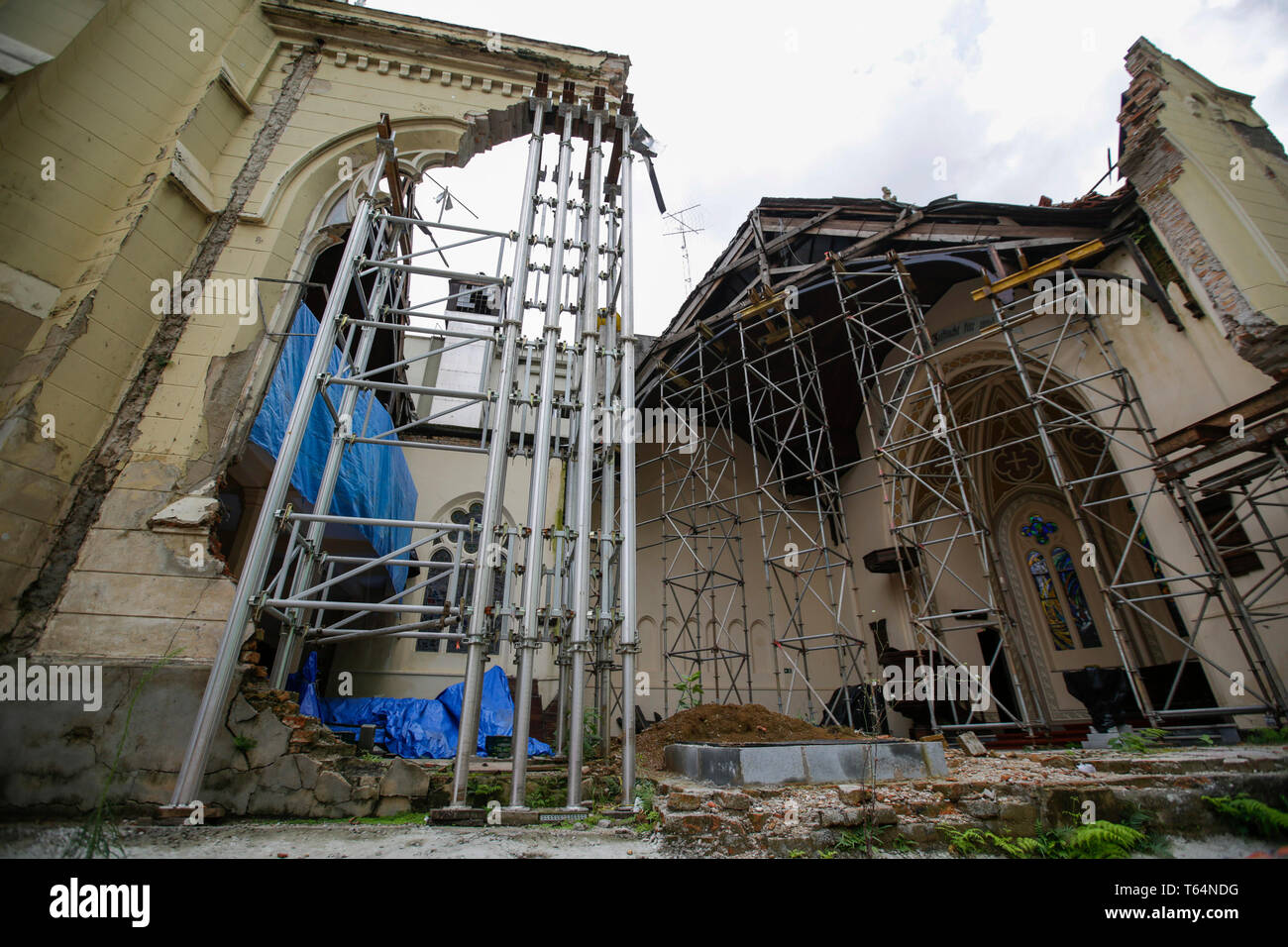 Sao Paulo - SP - 04/29/2019 - Fire Building Wilton Paes de Almeida termine 1 an - Cathédrale anglicane de Sao Paulo, a été convenu lors de l'effondrement de l'prdio, toujours dans la phase de reconstruction, avec aucune prévision à la fin. Le matin du 1 mai 2018, l'immeuble Wilton Paes de Almeida, situé dans la région de Largo do Paissandu, dans le centre-ville de Sao Paulo, a commencé à prendre feu au 5ème étage, suite à un court-circuit dans un climatiseur, un peu plus d'une heure plus tard, l'édifice de 24 étages s'est effondré en raison de la grande temeprature et est descendu, 7 personnes sont mortes et des dizaines de familles occupant la place irrég Banque D'Images