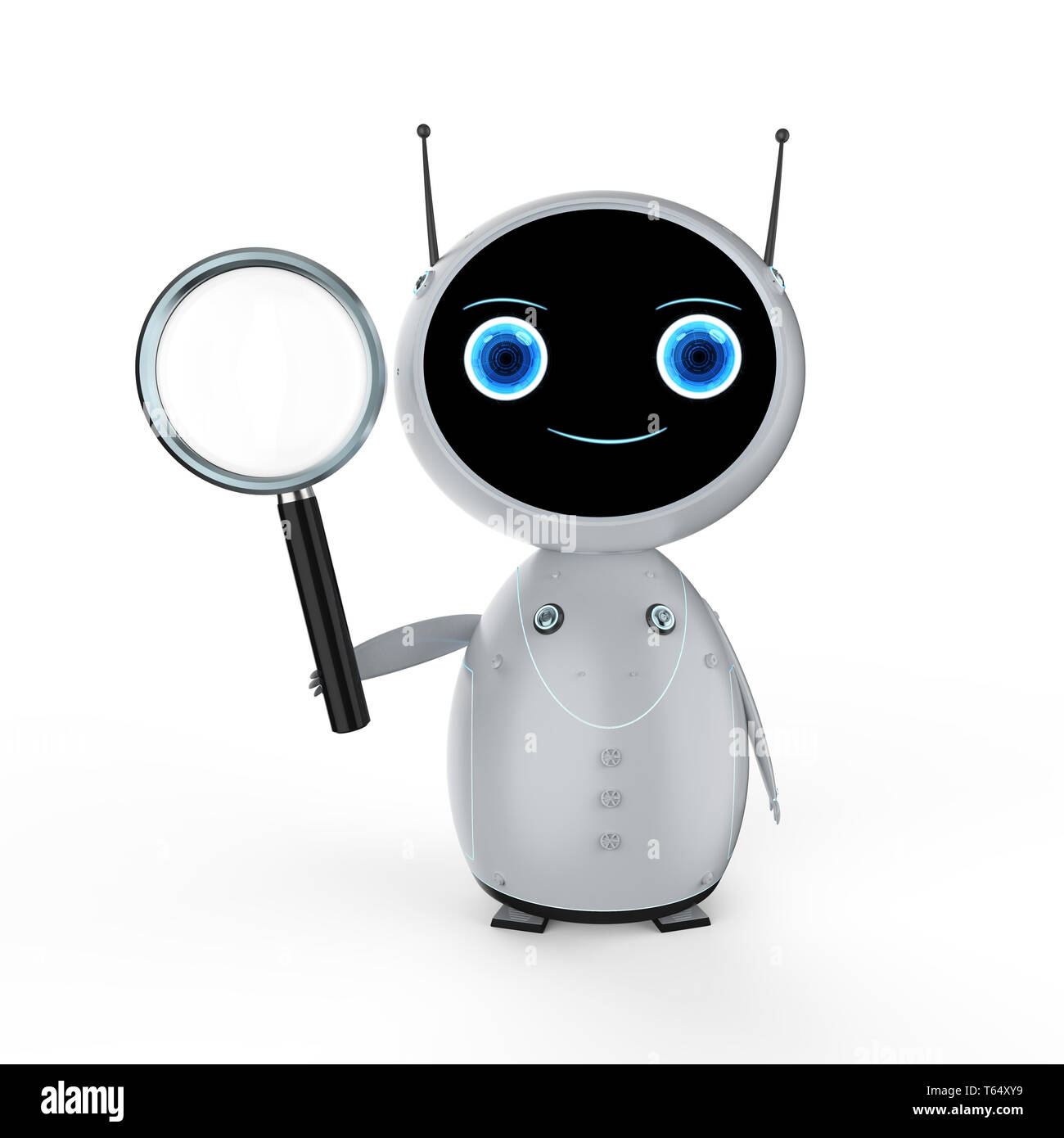 Le rendu 3D mini robot avec loupe sur fond blanc Banque D'Images