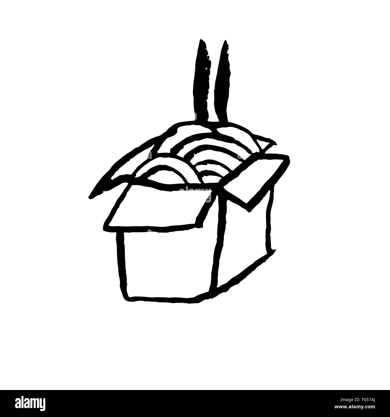 Dans l'icône de boîte de nouilles asiatiques. Pinceau encre grunge vector illustration. Télévision alimentaire illustration. Illustration de Vecteur