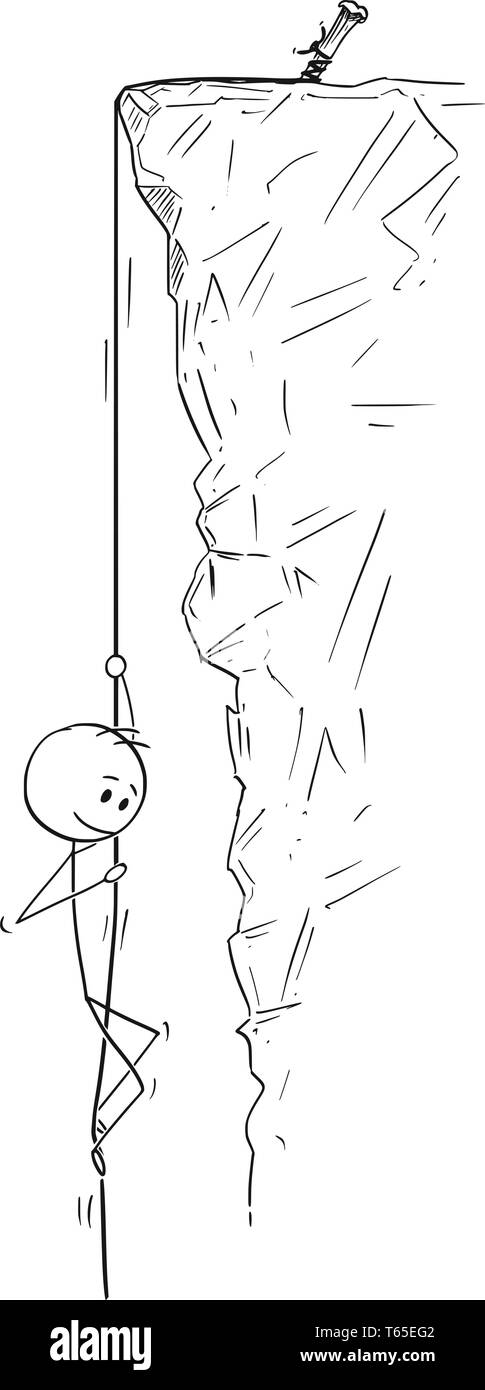 Cartoon stick figure dessin illustration conceptuelle de l'alpiniste ou l'homme d'affaires ou la descente en rappel ou à la corde en bas de la falaise de roche ou sur la corde. Illustration de Vecteur