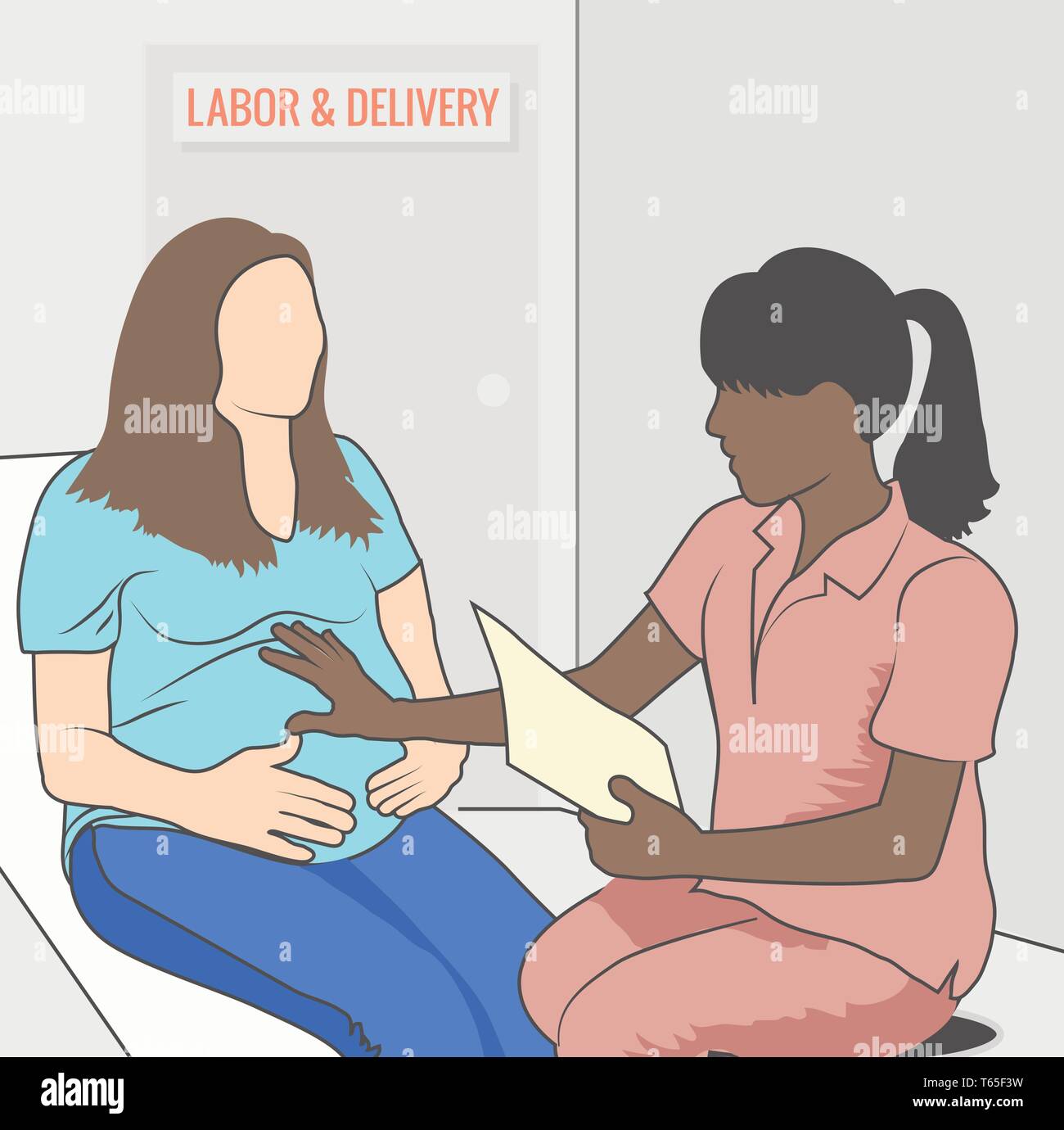 La grossesse les instructions de sortie avec femme enceinte et l'infirmière du travail et de livraison Prix w Illustration de Vecteur
