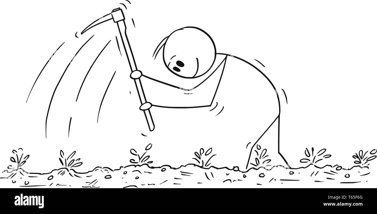 Cartoon stick figure dessin illustration conceptuelle du pauvre agriculteur bénéficiant de travail acharné avec hoe sur le terrain. Illustration de Vecteur