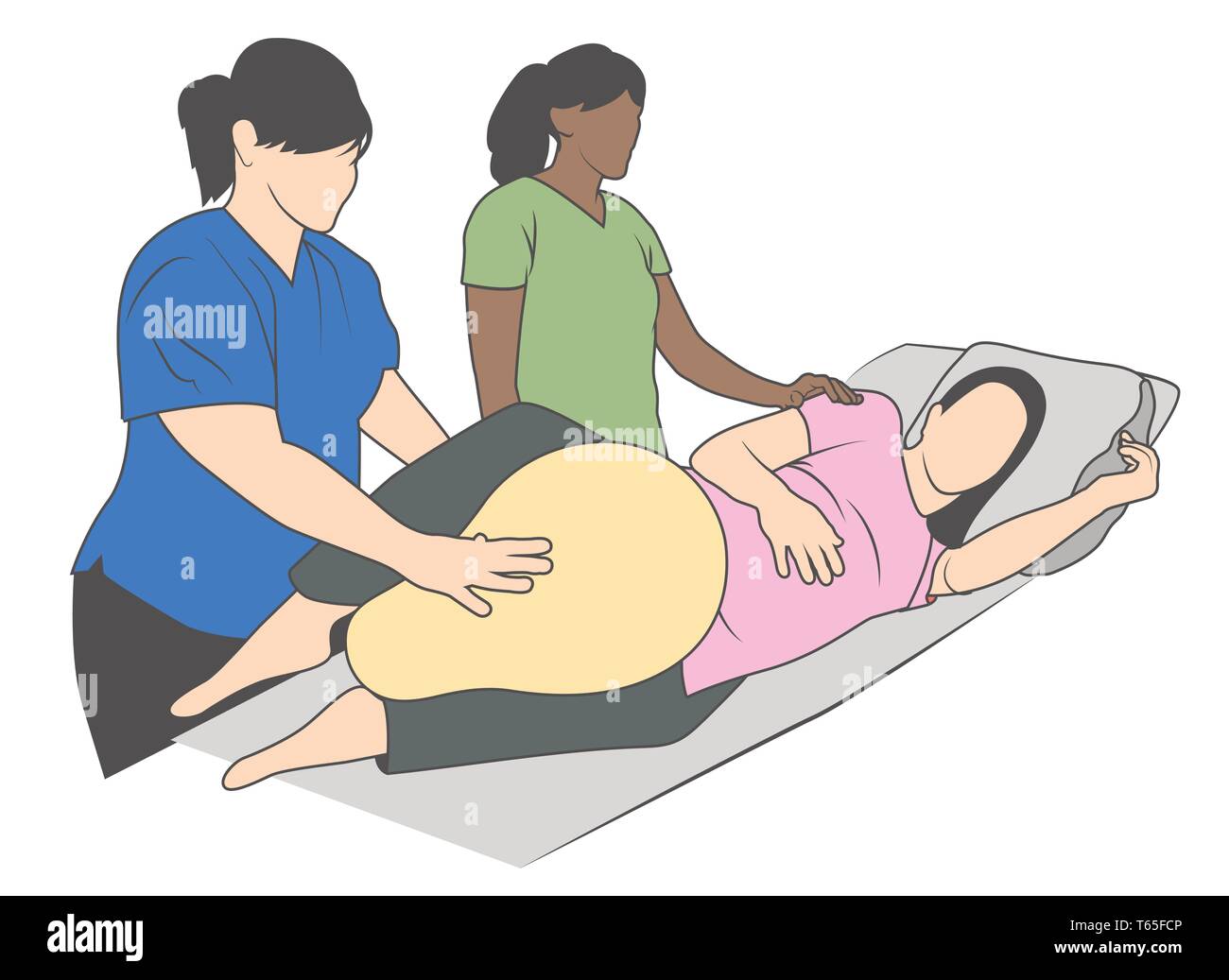 Position de travail grossesse avec ballon arachide w 2 infirmières présentes Illustration de Vecteur