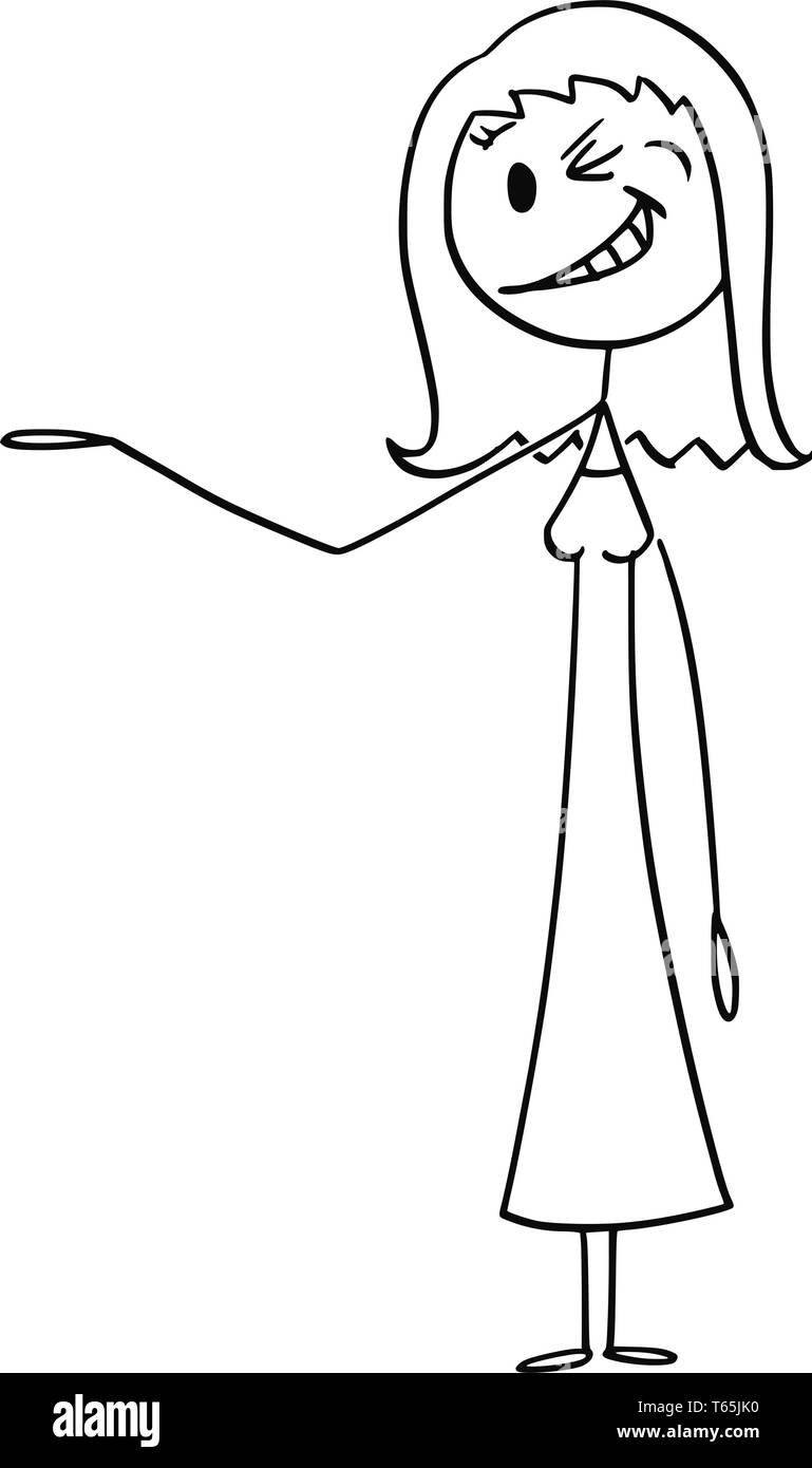 Cartoon stick figure dessin illustration conceptuelle de sourire et un clin d'femme ou businesswoman pointing sa main et l'offre ou montrant quelque chose. Illustration de Vecteur