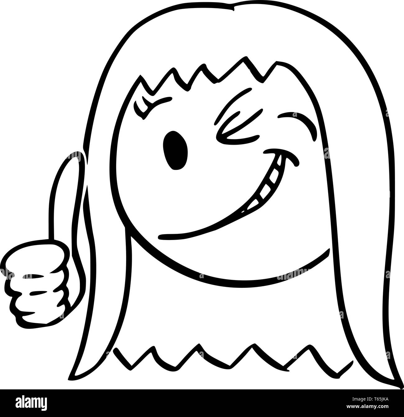 Cartoon stick figure dessin illustration conceptuelle de smiling woman ou businesswoman showing thumb up et clignant. Illustration de Vecteur