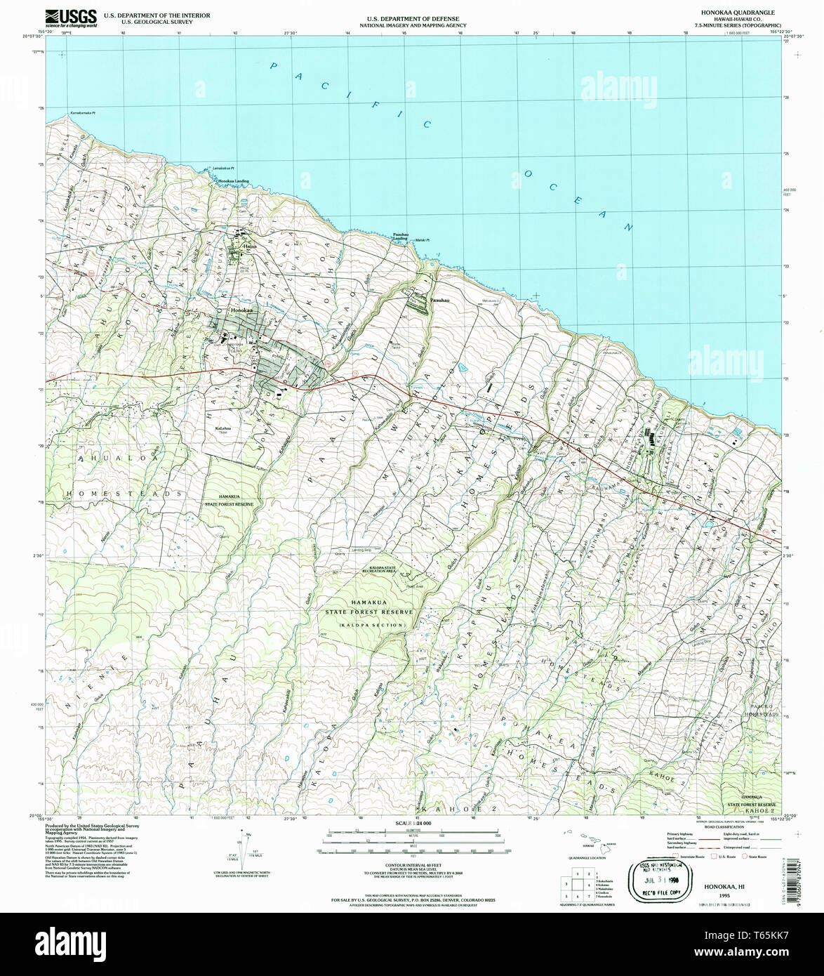 USGS TOPO Map Hawaii HI Honokaa 3492841995 Restauration 24000 Banque D'Images