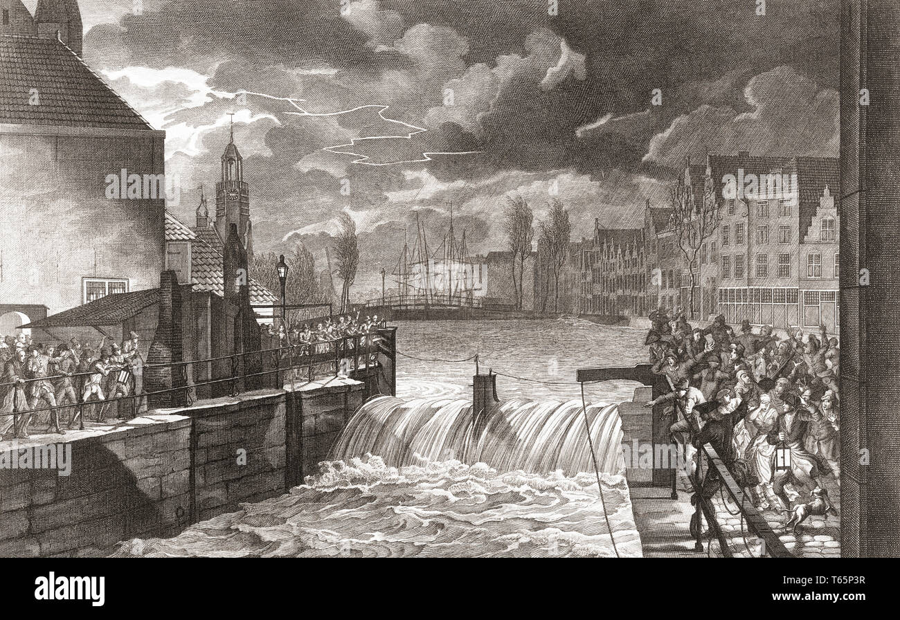 L'inondation de la serrure à Delfshaven, Rotterdam, Pays-Bas, le 14 novembre 1775. Après une gravure du 18ème siècle. Banque D'Images