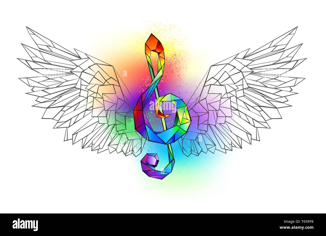 Arc-en-ciel, clé musicale lumineuse avec contour polygonal wings sur fond blanc. Illustration de Vecteur