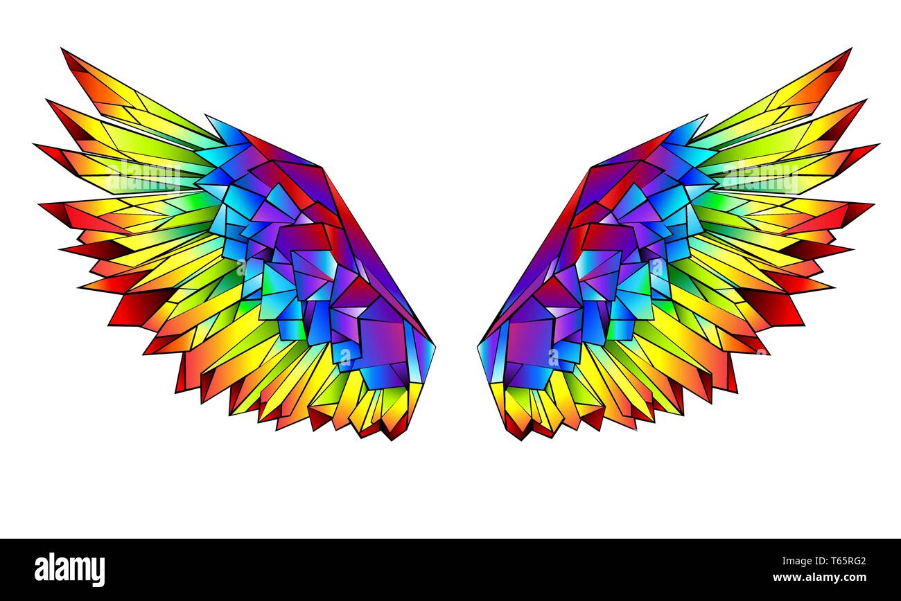 Artistiquement dessiné, lumineux, rainbow, polygonale wings sur fond blanc. Illustration de Vecteur