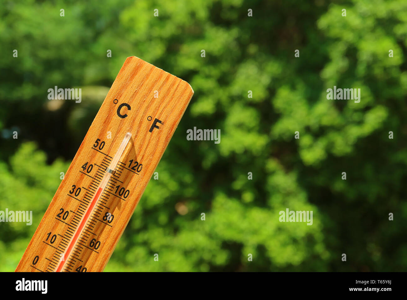 Thermomètre en bois à l'été du soleil montrant une température élevée Banque D'Images
