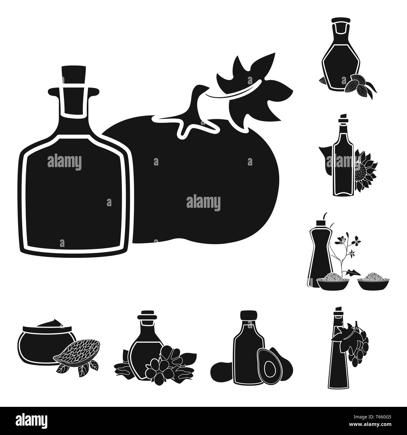 ,Citrouille,tournesol,amandes,moutarde,cacao,coton,avocat,raisin,de graines de colza,alimentaire,noix, beurre, ball,orange,produits,drop,sun,confiserie,esthétique,naturel,alimentation,m,fruits,bio,nougat,médecine,vert,huile,agriculture,bouteille,verre,cuisine,Culture,sain,nutrition,légumes organics,set,icône,,illustration,collection,isolé,design,graphisme,élément,signer,Black,de simples vecteurs vecteur , Illustration de Vecteur