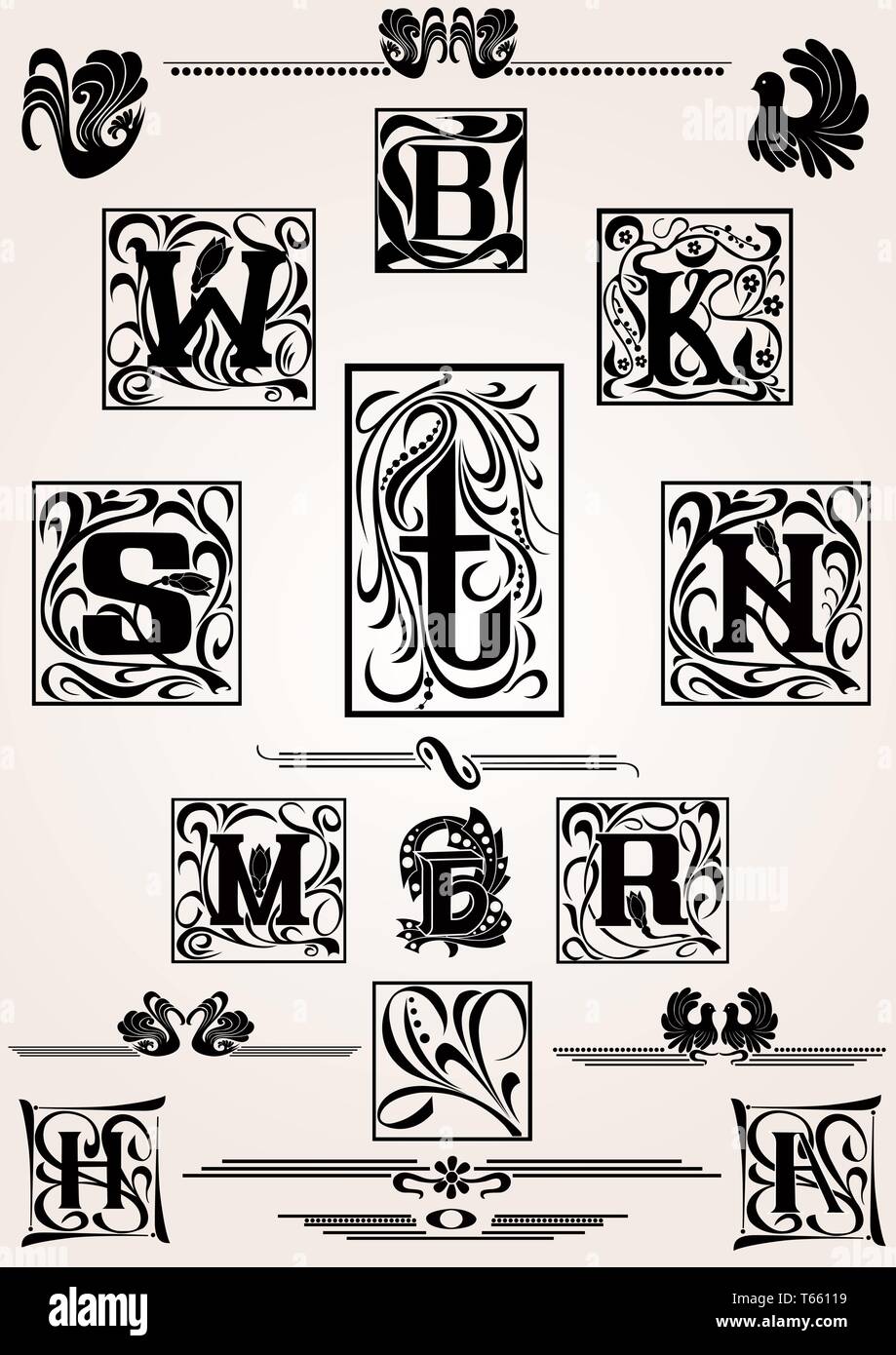 Grand ensemble de lettres majuscules W, B, K, S, T, N, M, R, H, I et des éléments avec des motifs Illustration de Vecteur