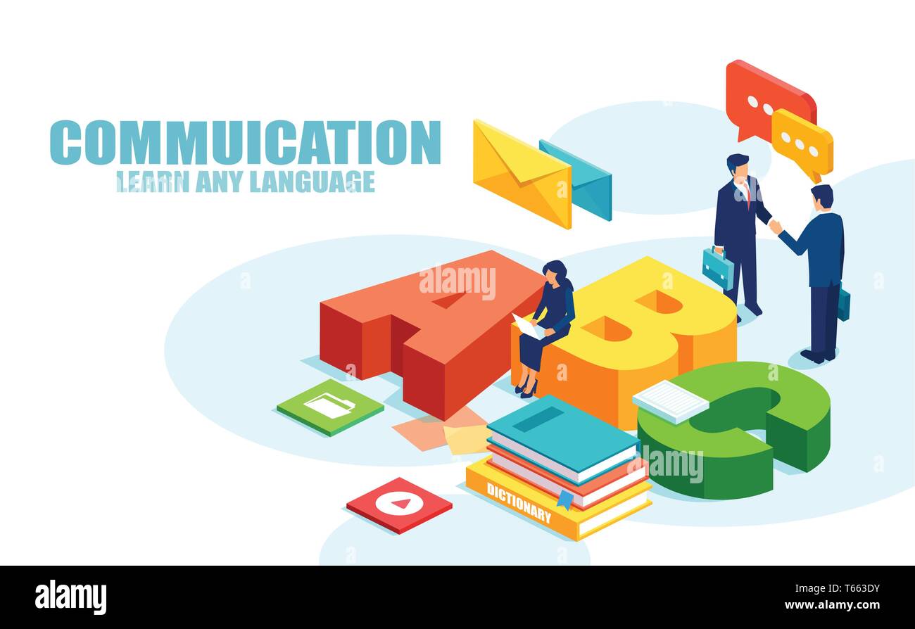 Nouveau concept de communication et d'apprentissage des langues. Vecteur de la réunion d'affaires et une femme d'étudier en ligne Illustration de Vecteur