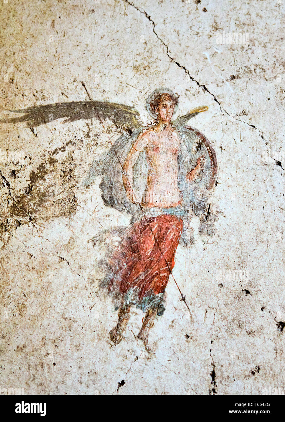 Fresque de Pompéi antique un soldat ailé avec une lance et un bouclier Banque D'Images