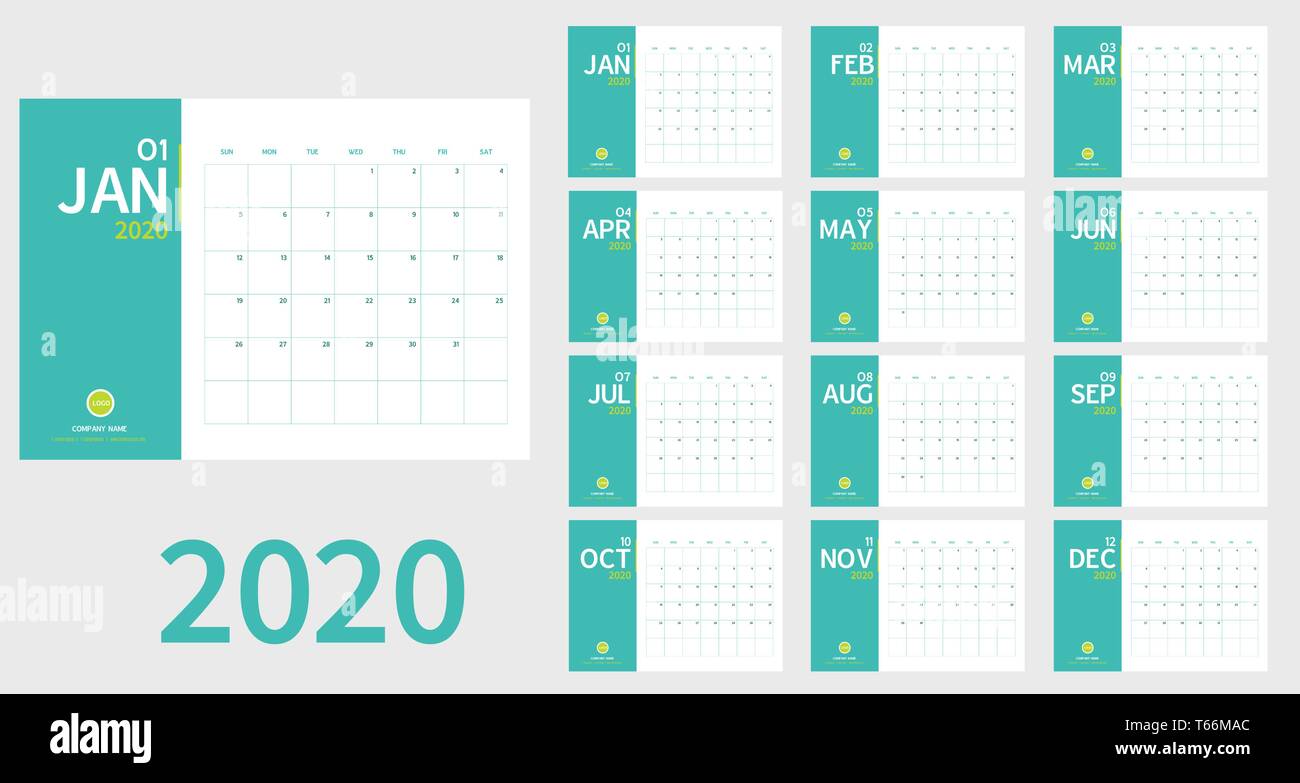Vecteur de 2020 nouveau calendrier de l'année en nettoyer un minimum de table simple style et couleur vert,Holiday event planner,semaine commence le dimanche. : maison de vacances ev Illustration de Vecteur