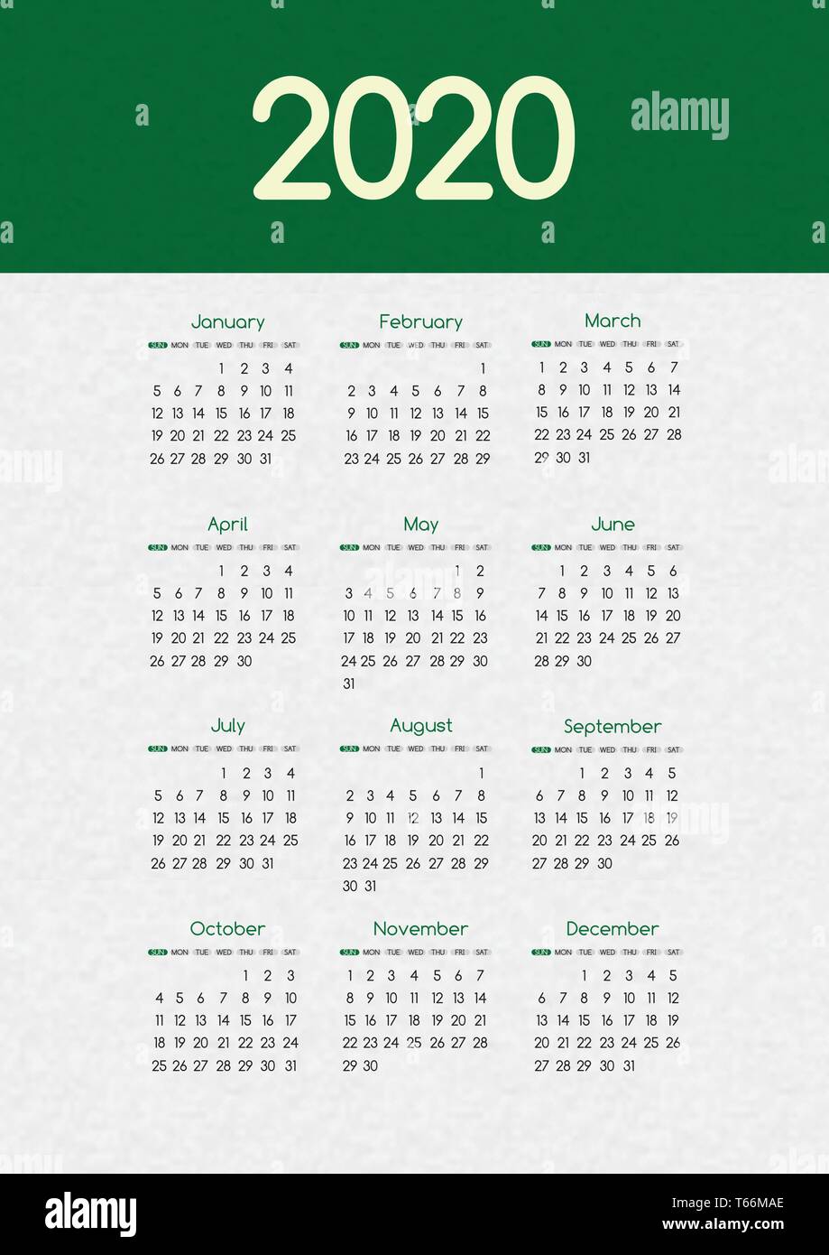 2020 Nouvelle année calendrier de scénario simple moderne design vert avec san serif,Holiday event planner,semaine commence le dimanche. Illustration de Vecteur