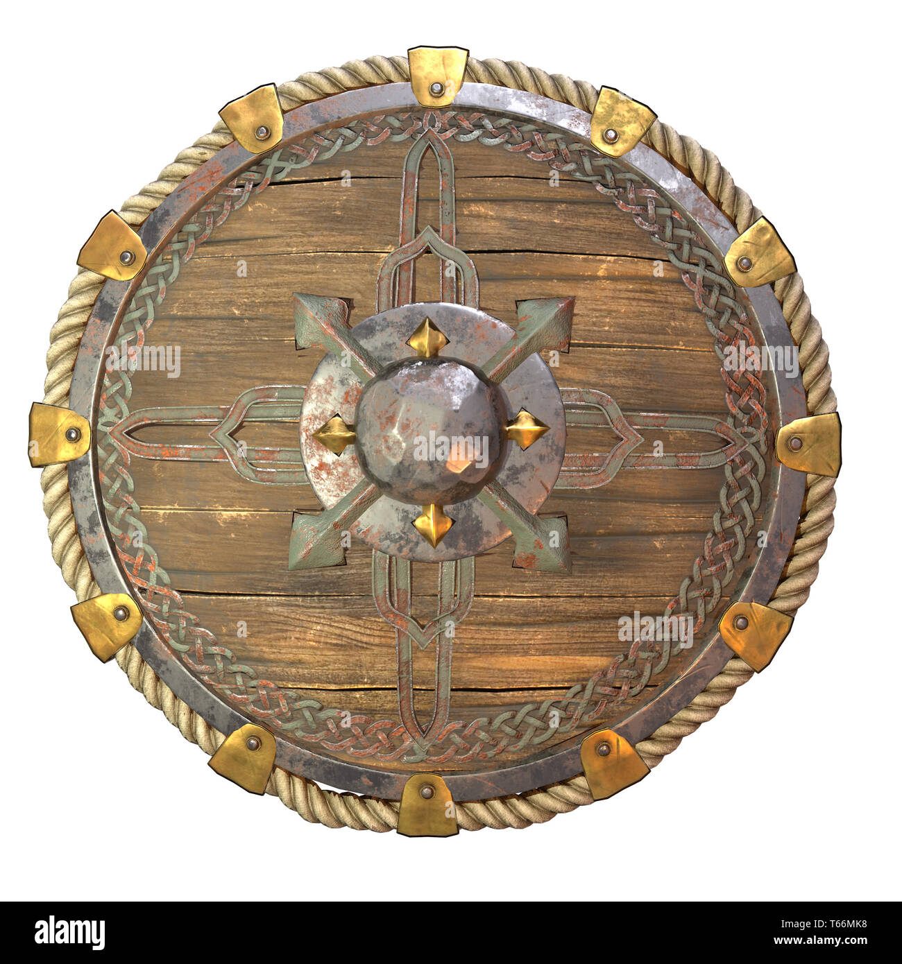 Bouclier en bois fantaisie ronde avec inserts en fer sur un fond blanc. 3d illustration Banque D'Images