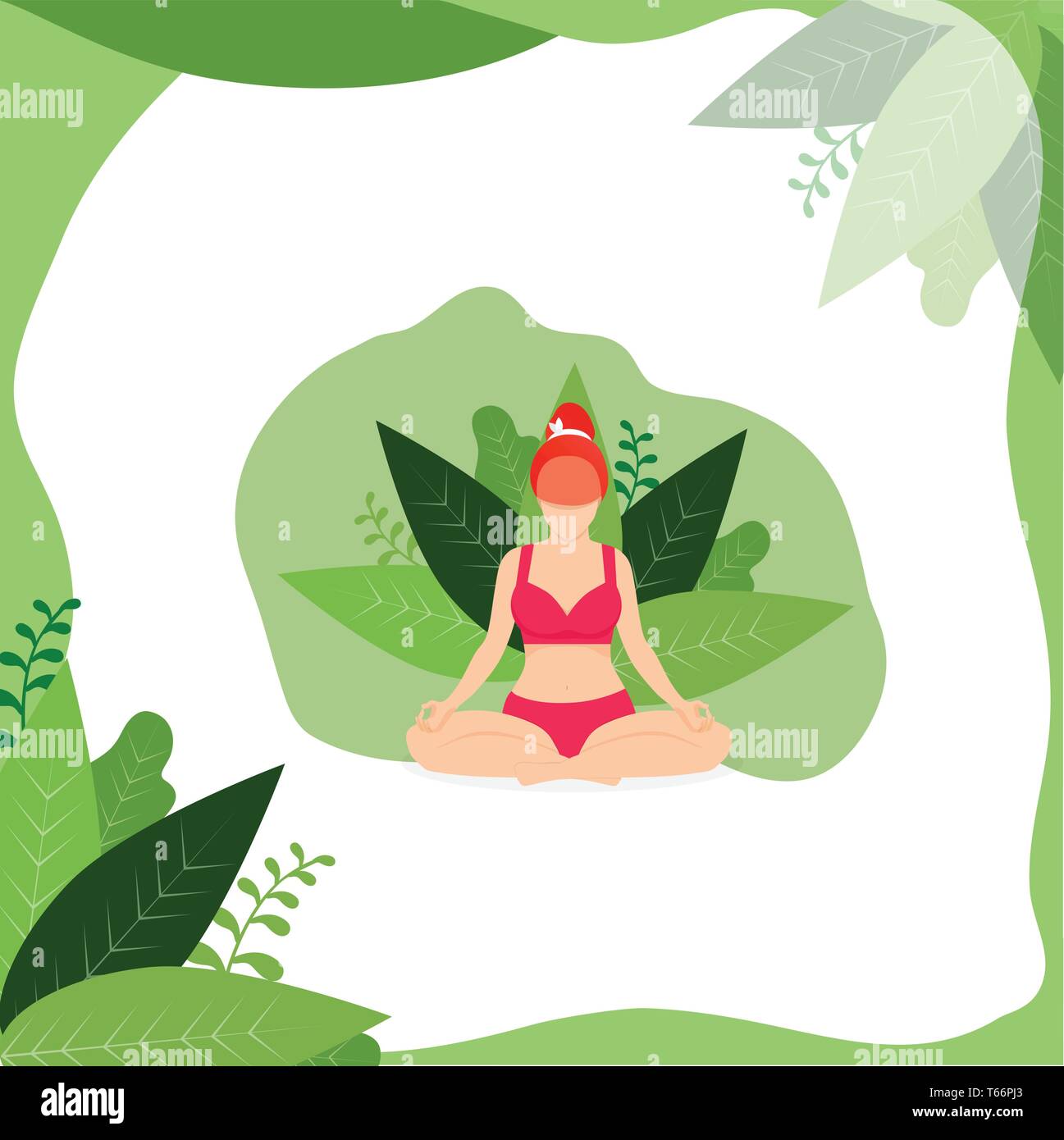 Fille de yoga en plein air méditer position du lotus sur fond blanc avec des feuilles vertes. Woman Practicing Yoga. Le Padmasana Yoga pose pour vous détendre et Med Illustration de Vecteur
