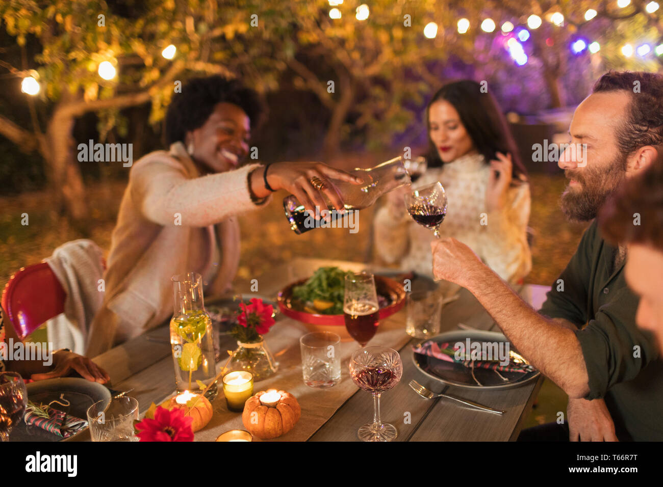 Les amis de verser et boire du vin, de dîner garden party Banque D'Images