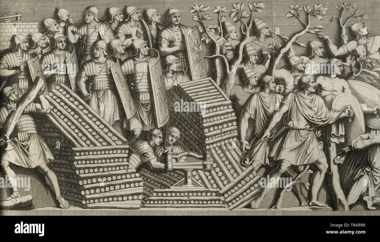 L'histoire par Polybe. Le volume II. Édition française traduit du grec par Dom Vincent Thuillier. Commentaires de la science militaire enrichi de notes historiques et critiques par M. De Folard. Paris, chez Pierre Gandouin, Julien-Michel Gandouin, Pierre-François Giffart et Nicolas-Pierre Armand, 1727. L'impression par Jean-Baptiste Lamesle. Trajan's 72038 guerres. 2ème ANNONCE de siècle. Gravure représentant des franchises la colonne Trajane. Scène d'armée romaine. Banque D'Images