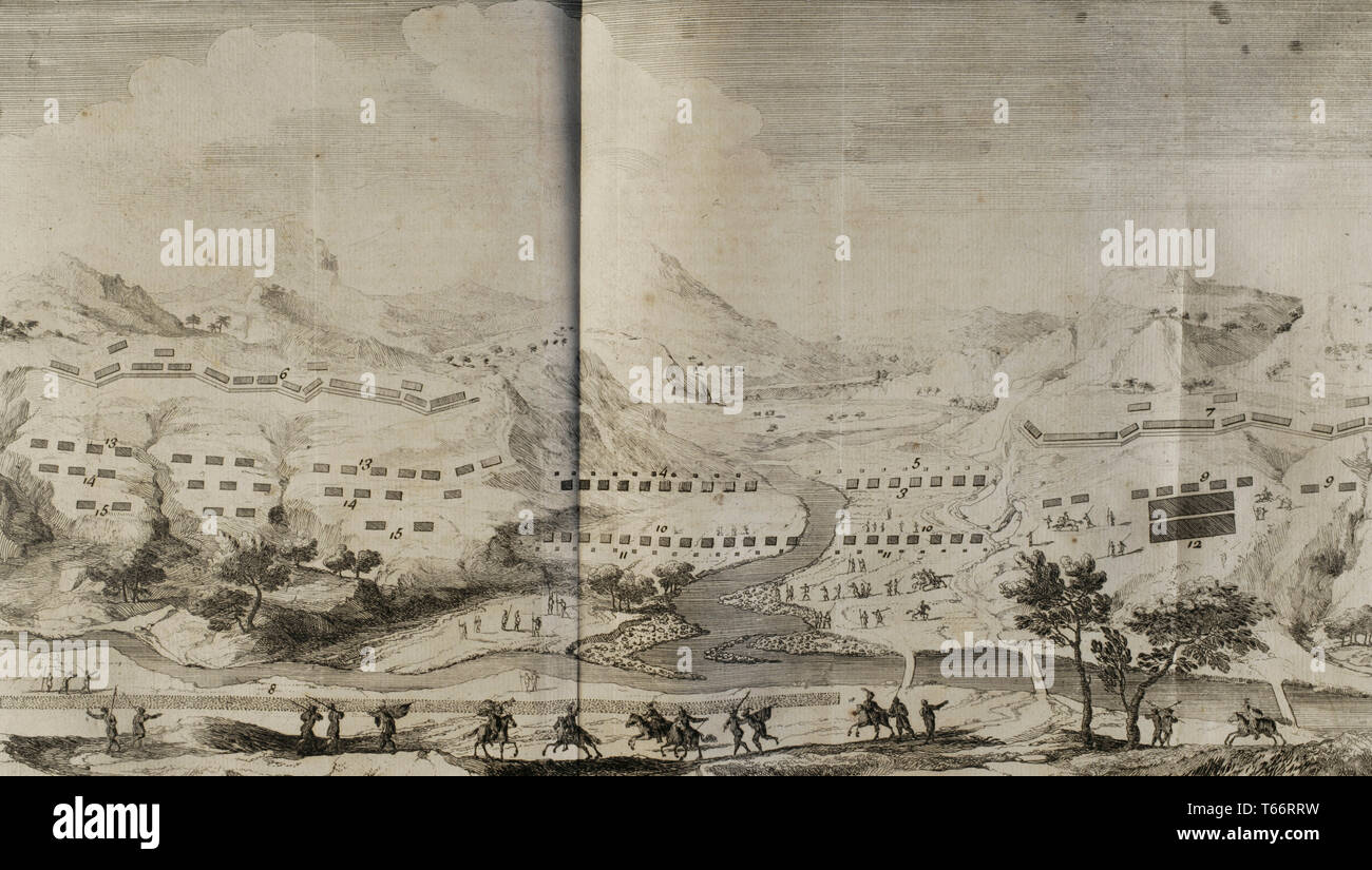 L'histoire par Polybe. Le volume III. Édition française traduit du grec par Dom Vincent Thuillier. Commentaires de la science militaire enrichi de notes historiques et critiques par M. De Folard. Paris, chez Pierre Gandouin, Julien-Michel Gandouin, Pierre-François Giffart et Nicolas-Pierre Armand, 1728. La Grèce antique. Bataille de Sellasia, 222 BC. Il a eu lieu entre le macédonien et la Ligue des Achéens, dirigé par Antigone III Doson, et Sparte sous le commandement du roi Cleomenes III. Macedonian-Achaean la victoire. La gravure. Banque D'Images