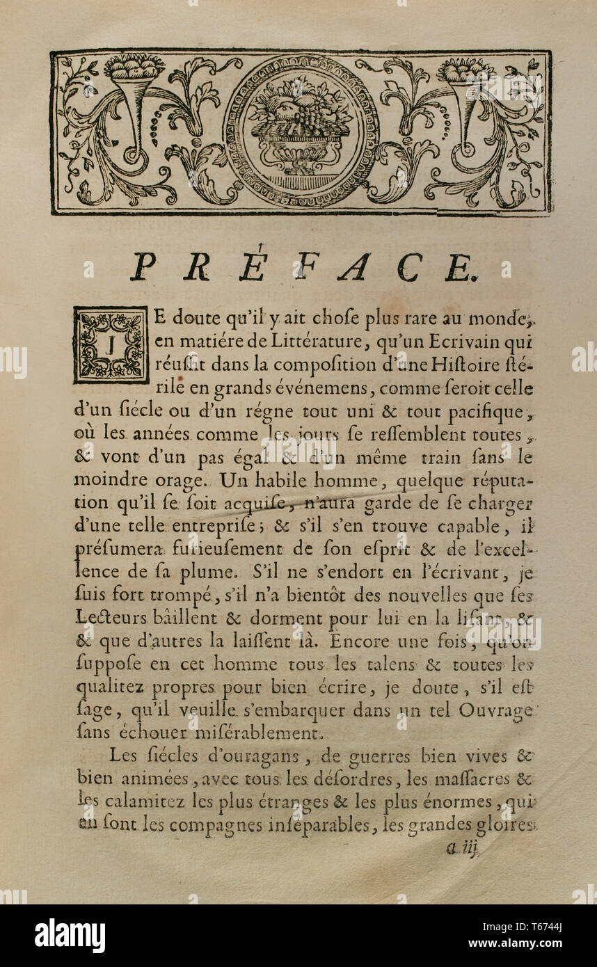 L'histoire par Polybe. Volume V édition française traduit du grec par Dom Vincent Thuillier. Commentaires de la science militaire enrichi de notes historiques et critiques par M. De Folard. Paris, chez Pierre Gandouin, Julien-Michel Gandouin, Pierre-François Giffart et Nicolas-Pierre Armand, 1729. Avant-propos. Banque D'Images