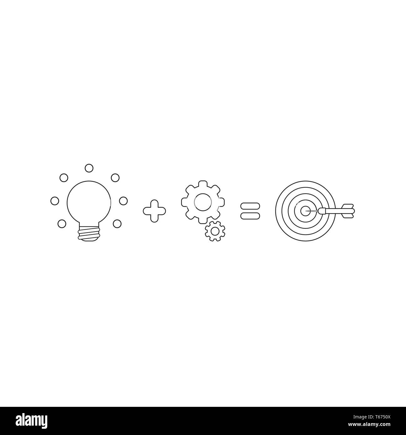 Icône vecteur concept de lumière rougeoyante pignons plus l'ampoule est égale à Bulls Eye avec dart dans le centre. Contours noirs. Illustration de Vecteur