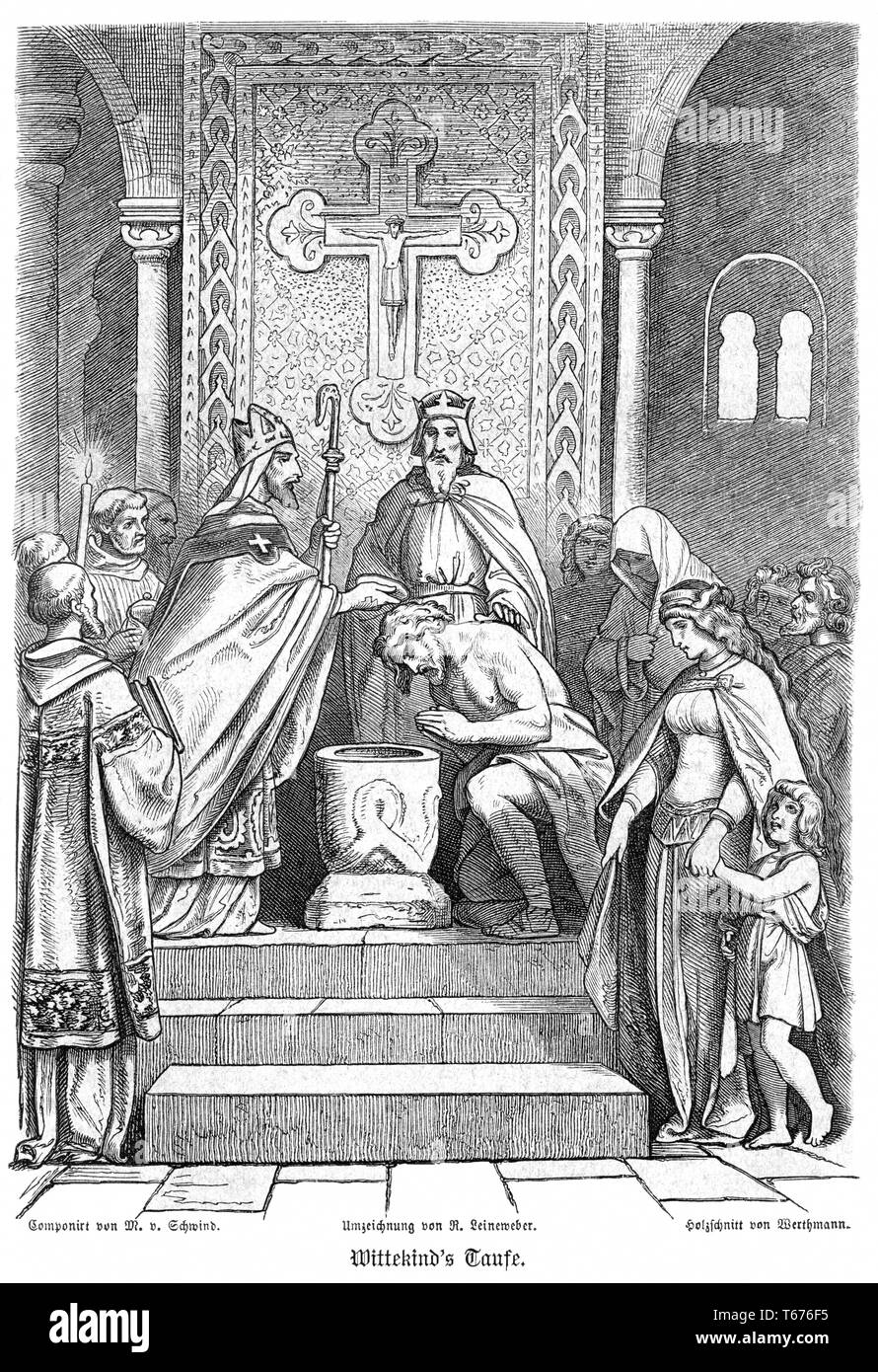 Europa, Deutschland, Nordrhein-Westfalen, Enger, Wittekind's Taufe , Moritz von Schwind, von Mischtechnik von R. Leinweber, Holzschnitt von Werthmann , JE Banque D'Images