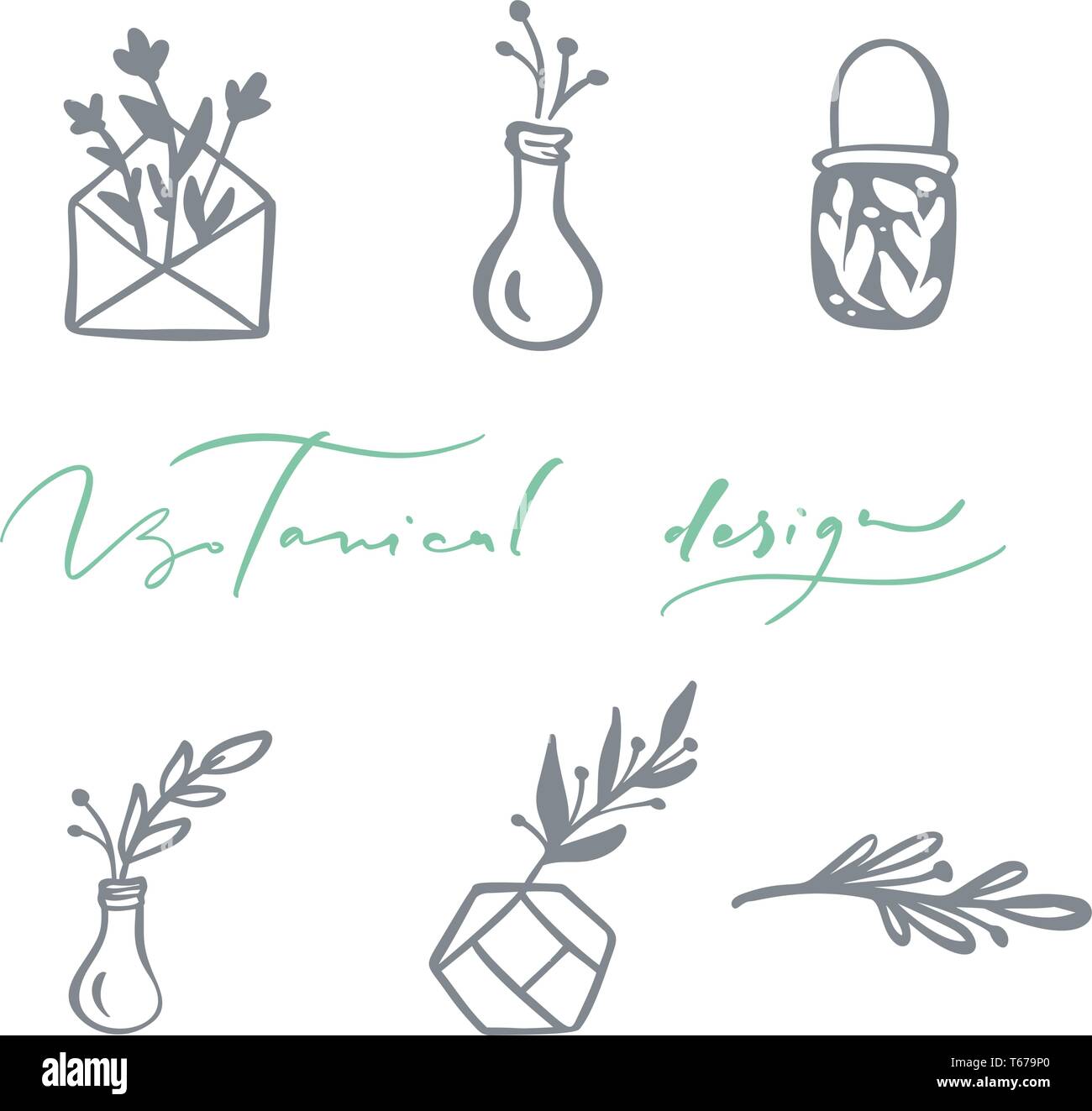 Ensemble de Logo vector floral scandinaves. L'icône de la main cosmétiques bio fleurs, fleuriste mariage, décor à la maison. Texte Conception botanique Illustration de Vecteur