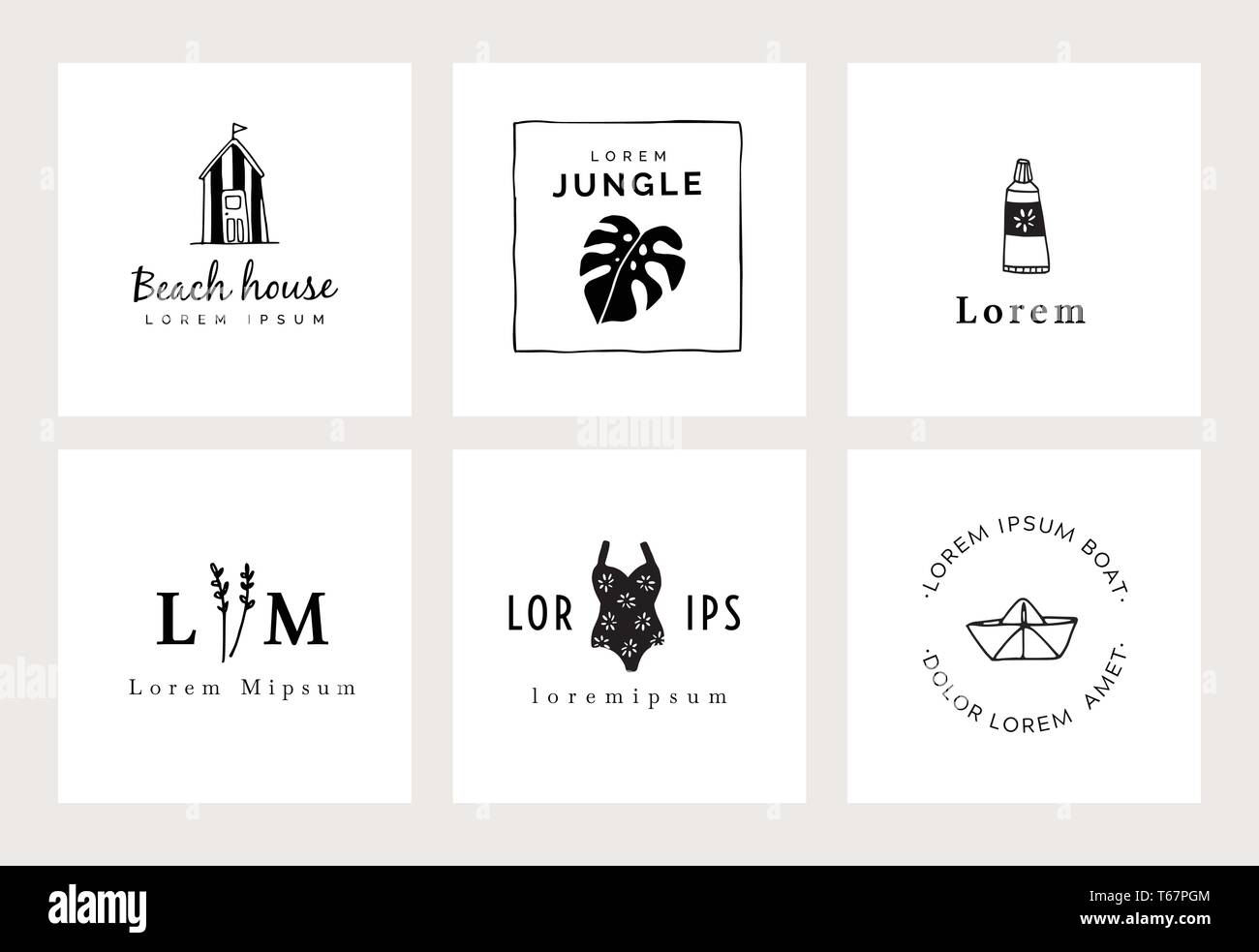 Ensemble de modèles de logo dessiné à la main un minimum. Nourriture, boisson et travel concept. L'identité de marque d'entreprise. Symboles isolés. Des icônes simples et élégantes Illustration de Vecteur